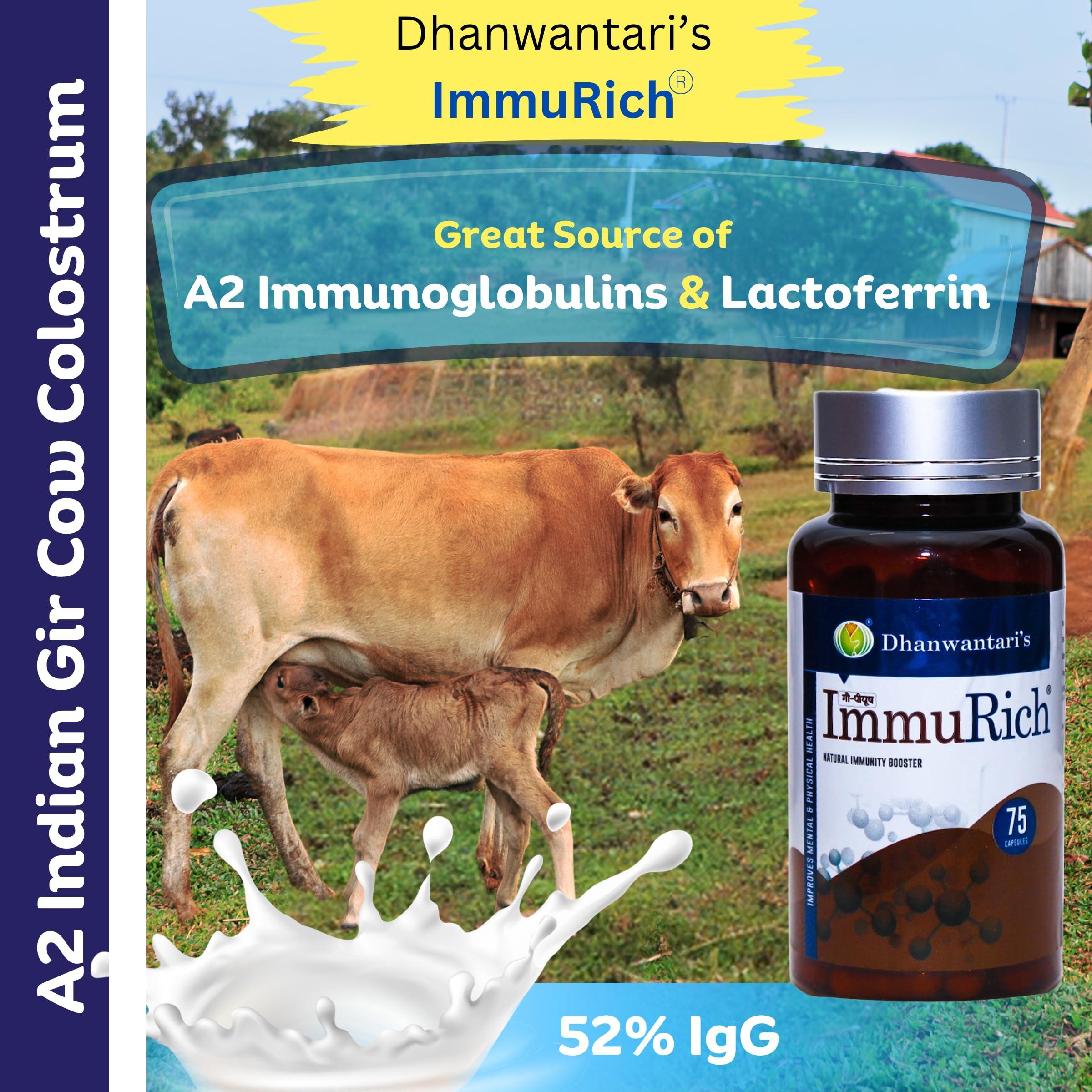 IMMURICH Dhanwantari\'s Immurich Immunity Boosters for Adults - 75 Cap | A2 Cow Colostrum | 52% IgG| Boosts Immunity | Helps Build Strength & Stamina | Builds Overall Health