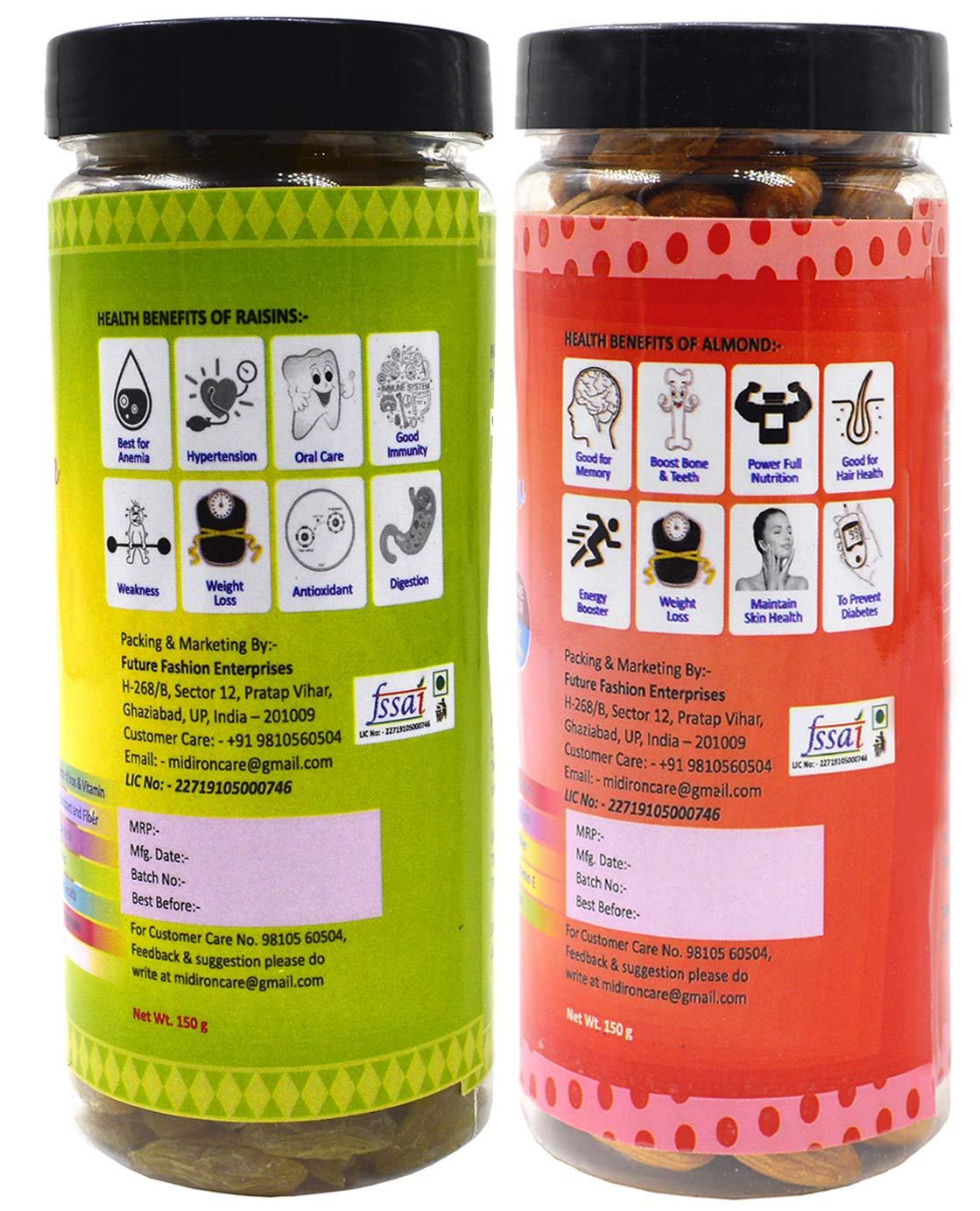 Midiron Midiron 100 % Natural Premium Whole California Row Almond & Raisin/Kishmish(150 g each)