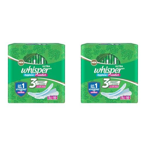 Whisper Whisper Ultra Clean Sanitary Pads for Women|50 thin Pads|XL+|Hygiene & Comfort|Soft Wings|Dry top sheet|Suitable for Heavy flow|Odour free|31.7 cm Long|With disposable wrap (Pack of 2)