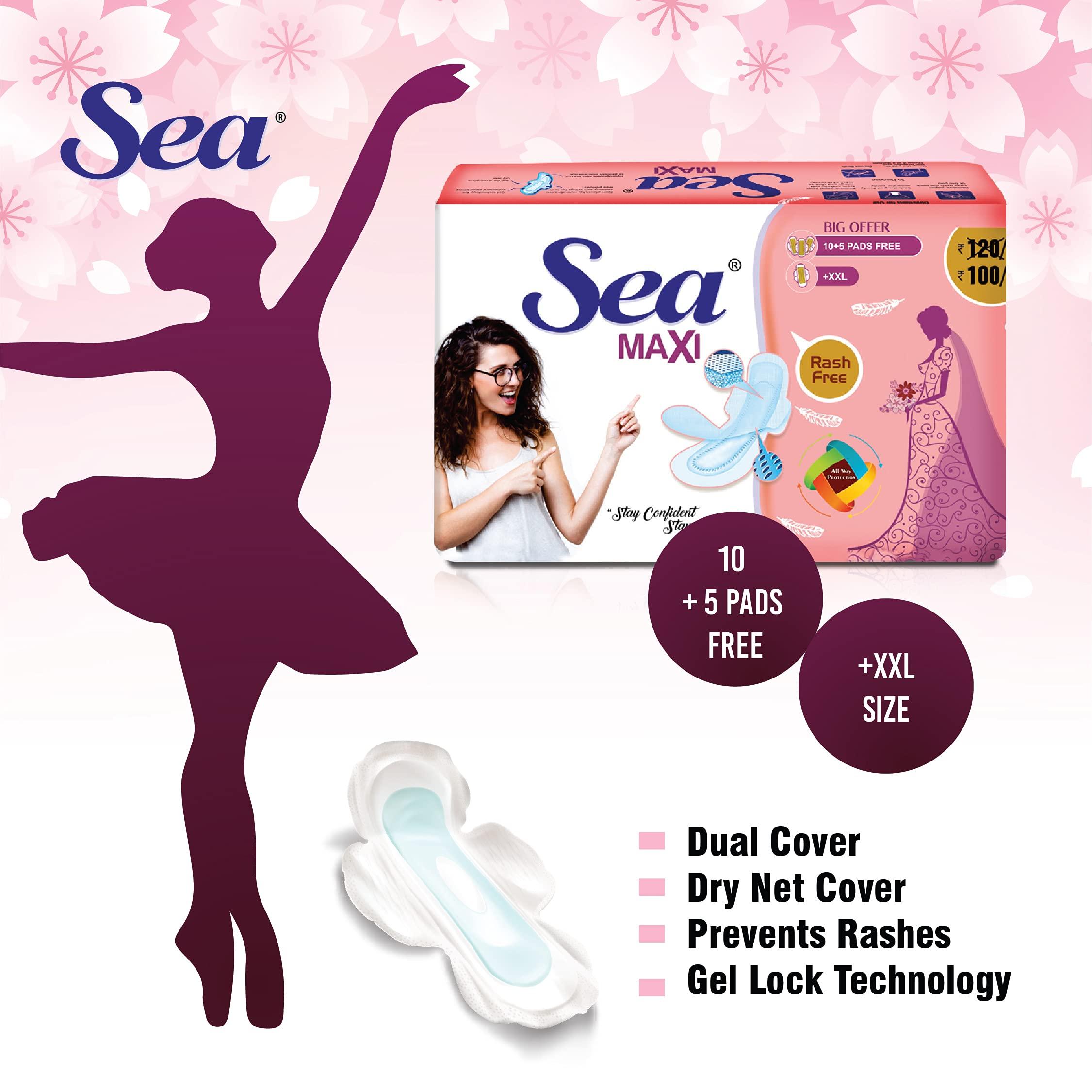 Sea Sea Maxi Cotton Sanitary Pads for Women | Up to 100% Leakage Protection, Locks Odour & Wetness | Ultra Hygiene, Rash Free Cotton Soft | Pack of 15 (15 pcs Maxi XXL)