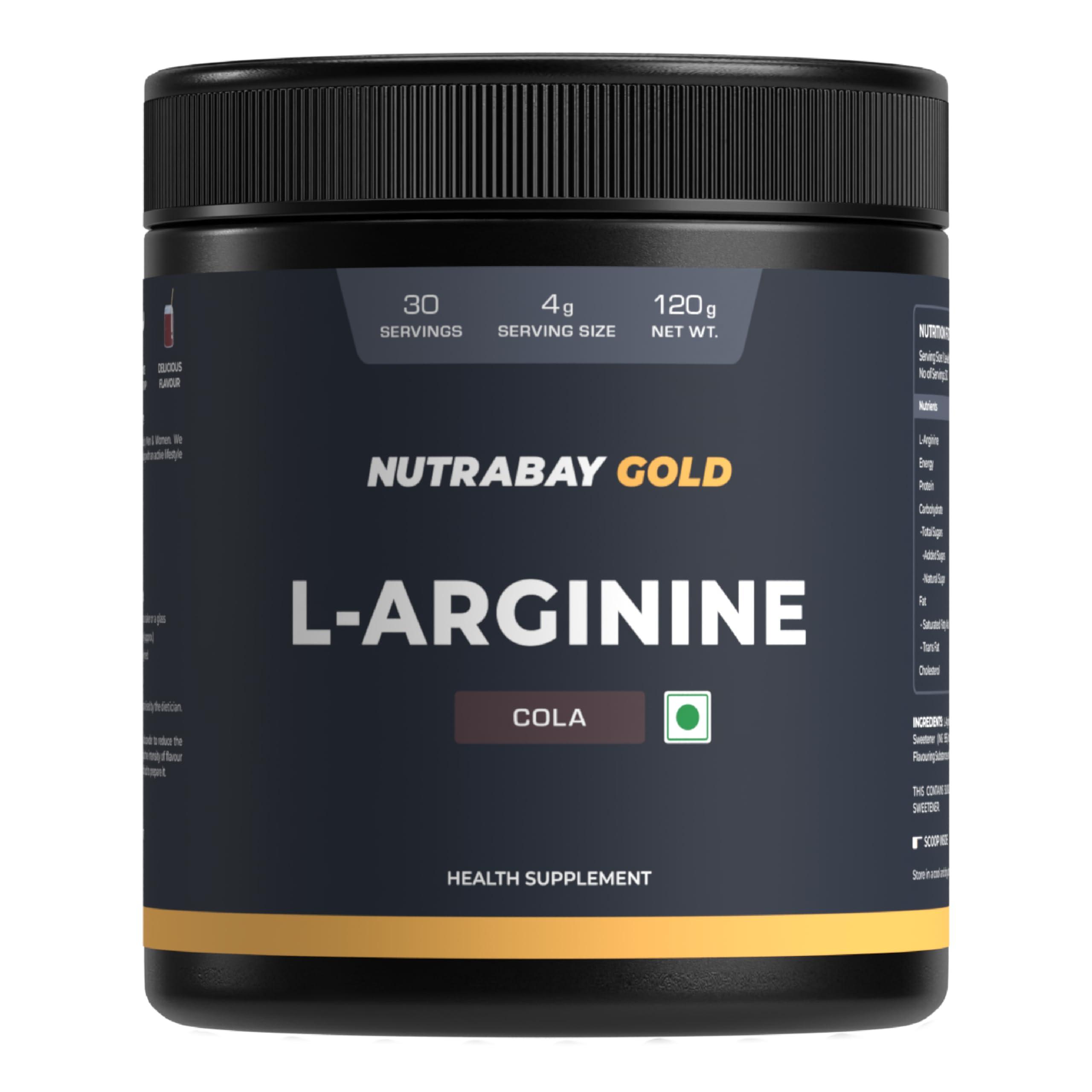 Nutrabay Nutrabay Gold L-Arginine Supplement Powder - 120g, Cola Flavor | Pre Workout Amino Acid for Endurance, Muscle Building & Faster Recovery
