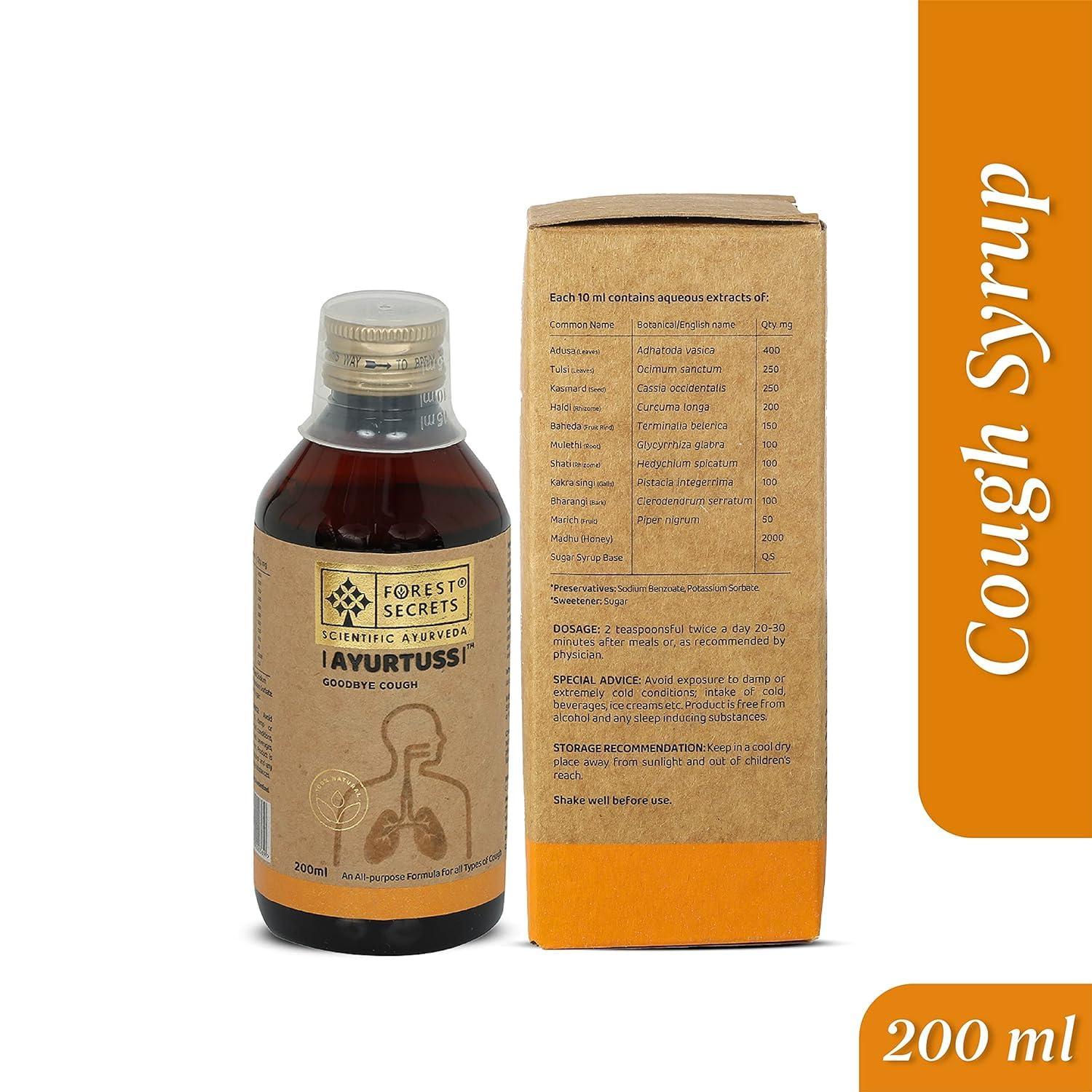 FOREST SECRETS Forest Secrets Ayurtuss Cough Syrup- 200ml, Non-Drowsy Ayurvedic Cough Reliever, Fast Relief from Cough, Sore Throat & Cold (Ayurtuss- Adult (Pack of 1))