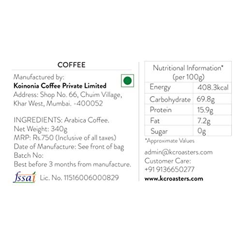KCRoasters Koinonia KCROASTERS Pulney Hills | Medium Roast Coffee | 340gm |100% Arabica Coffee Beans | Freshly Roasted for Eletric Brewer | Packed in Biodegradable Bags