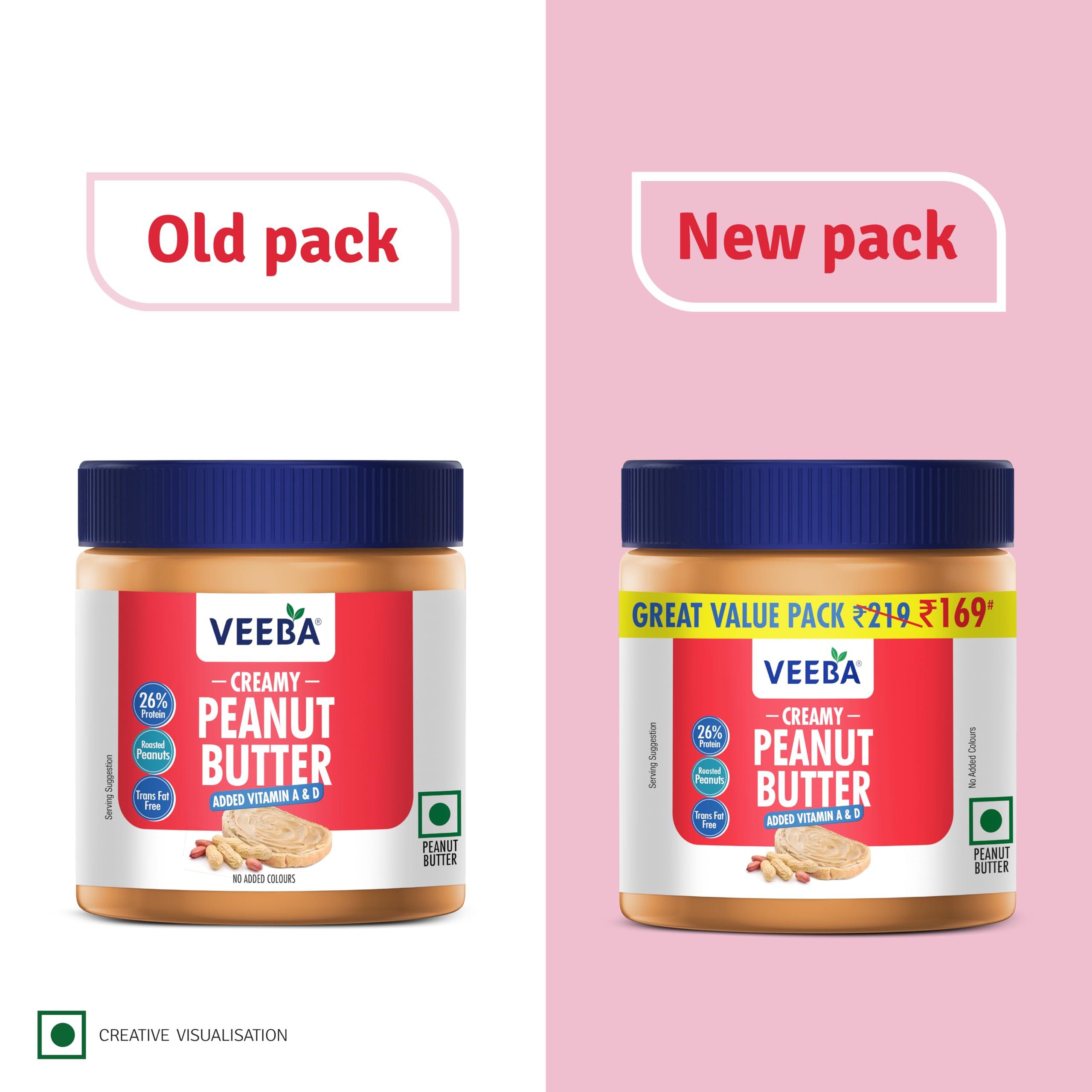 VEEBA Veeba Peanut Butter Creamy | Smooth | High Protein | Naturally Gluten Free | Vegan | Trans Fat Free | No Added Preservatives | Added Calcium, Iron, Vitamin A & D | No Added Colour & Flavour | Non GMO | 340 g