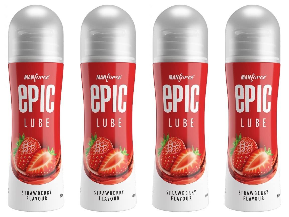 Manforce Epic Lube, Strawberry Flavoured Lubrication Gel for Men & Women, Water-Based Gel, Skin-Friendly, Safe to Use with Condoms, 60ml x 4