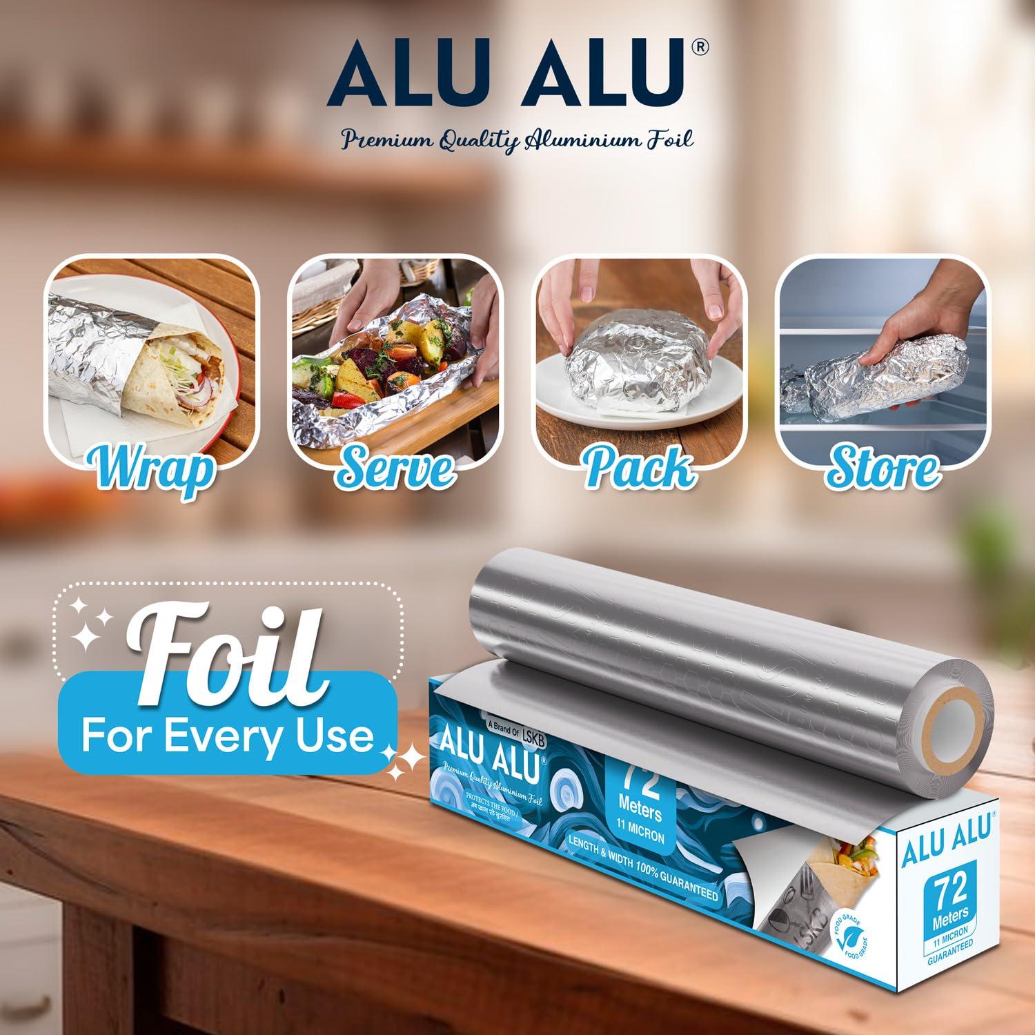ALUALU ALU ALU 72 Meters Aluminium Foil, 11 Micron Thickness, Premium Quality, Keeps Food Fresh Always, Perfect for Food Wrapping, Packing, Storing and Serving