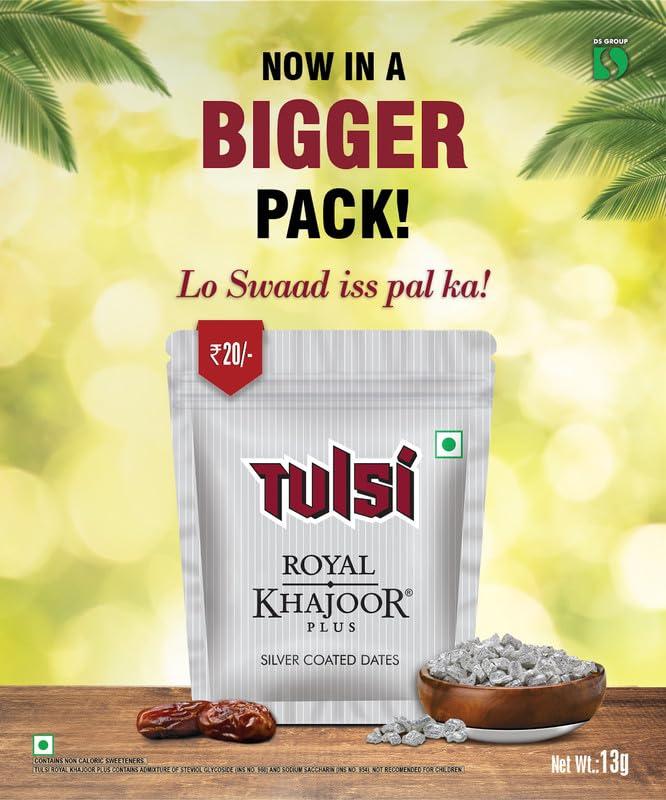 Tulsi Royal Khajoor Plus Tulsi Royal Khajoor Plus | Pack of 5 (13g x 5) | Silver Coated Khajoor | Dates | Mint Mouthfreshner | Zipper Pack