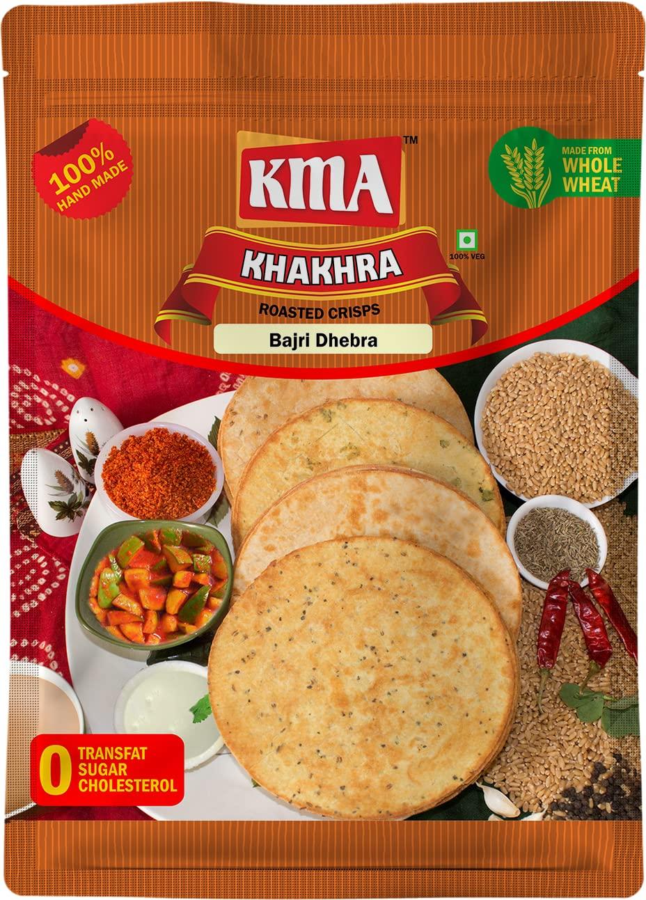 KMA KMA Gujarati Khakhra Combo 800g (4 packs * 200g each)  2 Jeera Khakhra , 2 Bajri Dhebra (Millets) Khakhra - Handmade Roasted Fresh Snacks , Ready to Eat Indian Whole Wheat Delight , Crispy & Nutritious with Authentic Taste , Healthy Diet , Low Calori