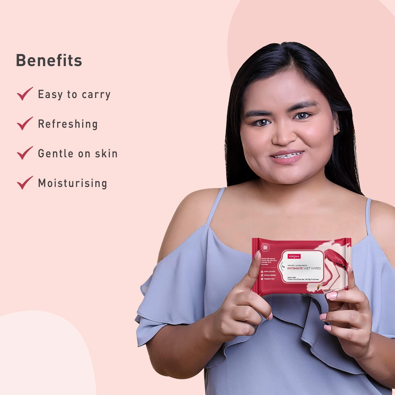 Sirona Sirona Natural Intimate Wet Wipes for Men & Women | Maintains PH Balance | Infused with Aloe Vera, Lavender Oil & Cucumber Extracts | Gentle and Safe | Hypoallergenic | Paraben Free | 20 Wipes