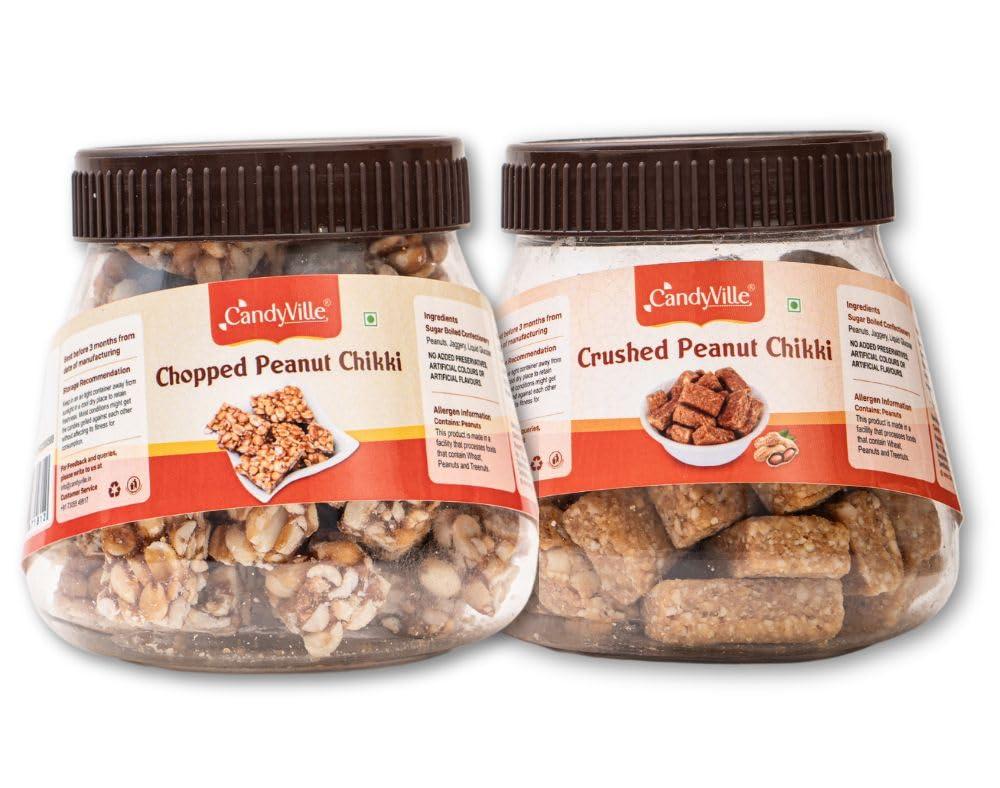 CandyVille CandyVille Peanut Chikki Combo - Each of Chopped & Crushed Peanut Chikki Jars (500g - Pack of 2 x 250g) | Traditional Sweets | Kadalai Mittai | Gazak | Made with Jaggery | No Plastic Wrappers