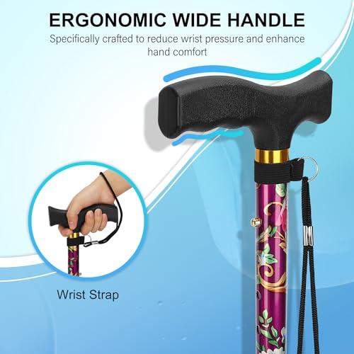 supregear supregear Folding Cane, Lightweight 5-Level Height Adjustable Walking Stick with Wrist Strap and T Handle Travel Cane for Elderly Disabled Men Women Balancing Mobility Aid Portable Cane, Floral Purple