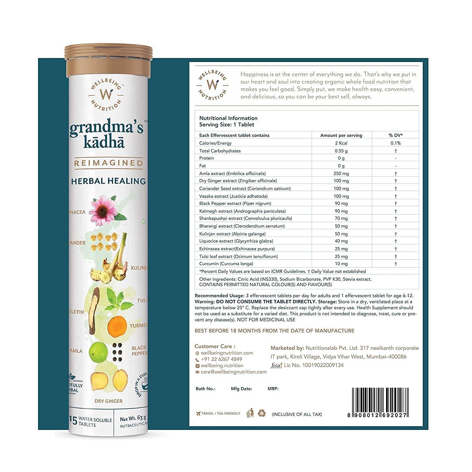 WELLBEING NUTRITION Wellbeing Nutrition Grandma's Kadha -Ayurvedic Natural Immunity Booster | Ayurvedic Kadha for Immunity, Cold, Cough, Sore Throat & Congestion (60 Effervescent Tablets)