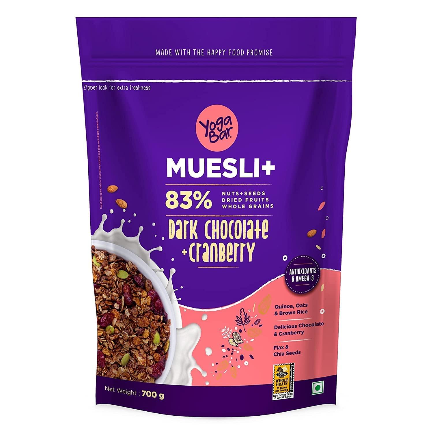 Yogabar Yogabar Wholegrain Breakfast Muesli - Dark Chocolate + Cranberry, 700g (Pack of 3) (Super Saver Pack) | Healthy Breakfast Cereals | Granola| Antioxidant Rich | Healthy Food for Breakfast |Protein Rich