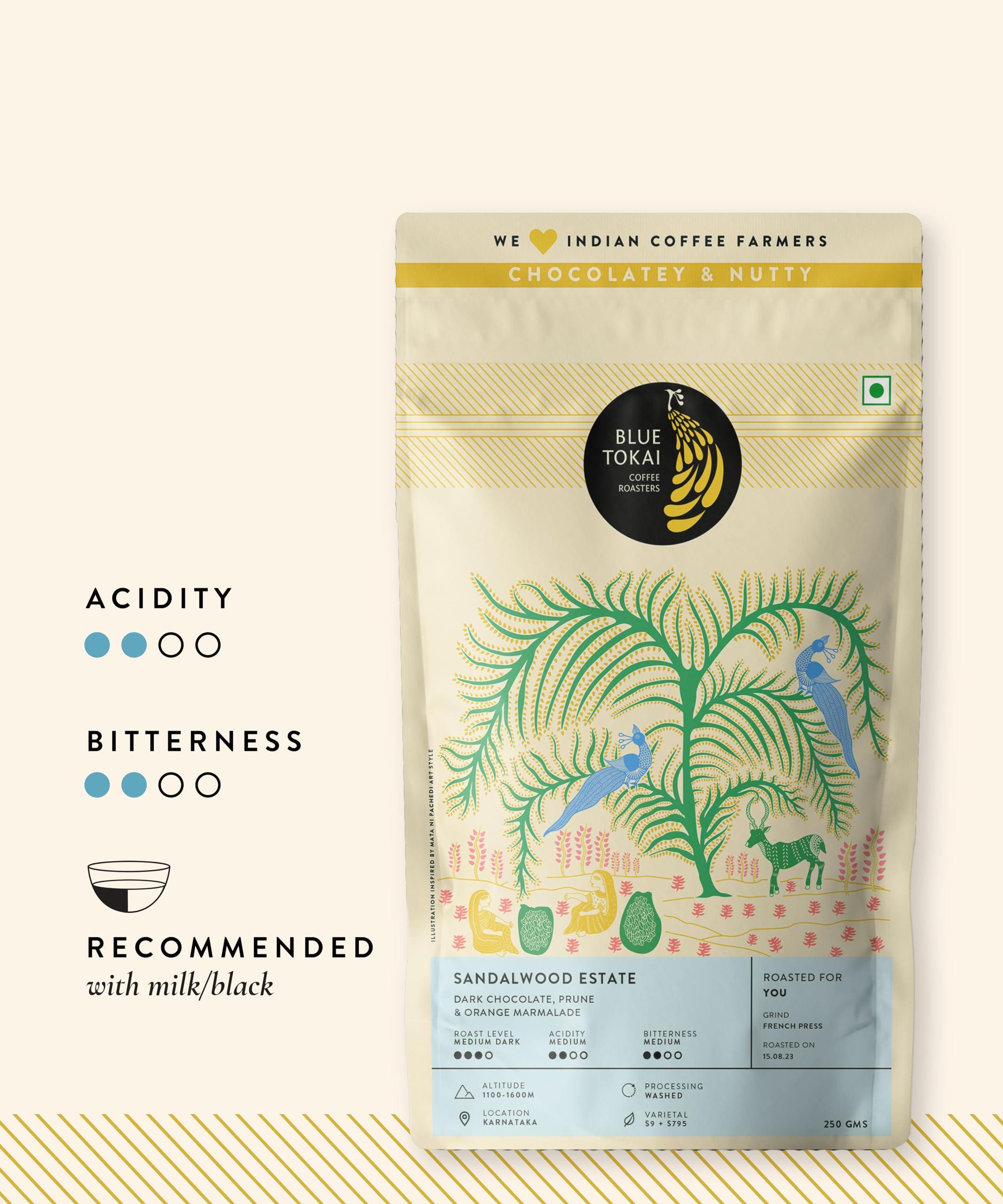 Blue Tokai Coffee Roasters Blue Tokai Coffee Roasters Sandalwood Estate - Medium Dark Roast (Moka Pot Grind) 250g| Made With 100% Specialty Grade Arabica Freshly Roasted Ground Coffee, Bag