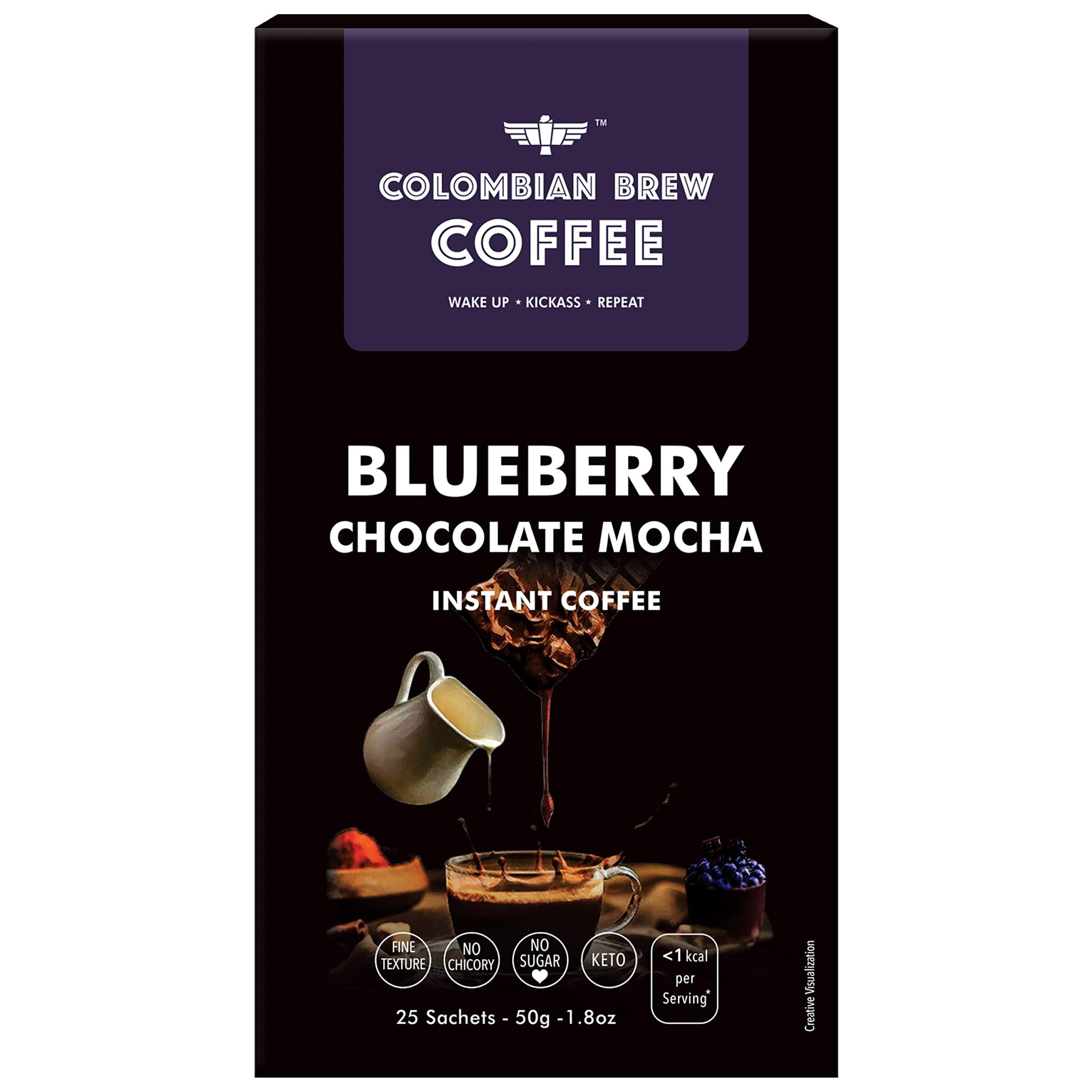 COLOMBIAN BREW COFFEE Colombian Brew Coffee, 100% Arabica Green Coffee Powder 200g & Colombian Brew Blueberry Chocolate Mocha Instant Coffee, No Sugar Vegan, 50g