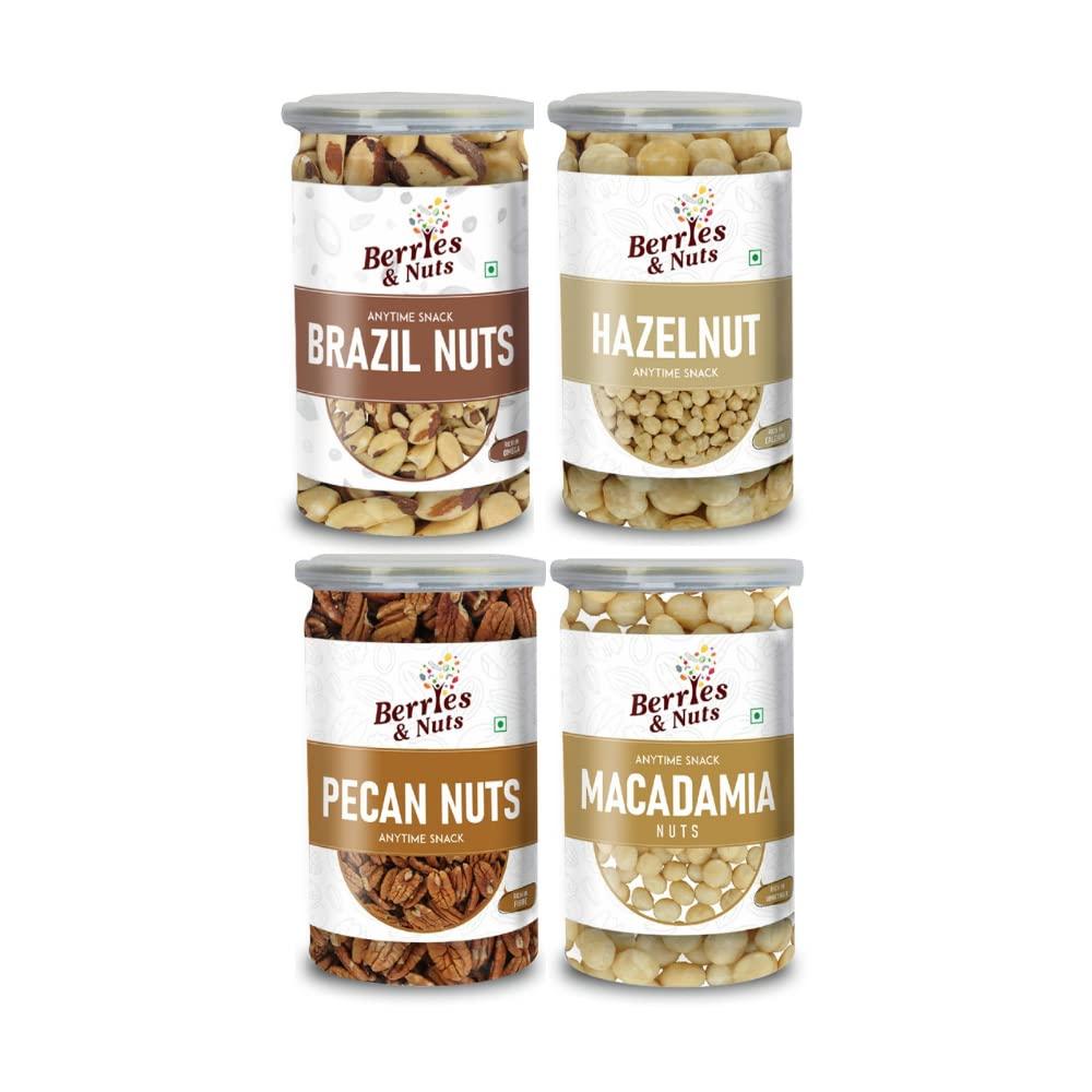 Berries And Nuts Berries And Nuts Premium Jumbo Brazil, Hazel, Pecan & Macadamia Nuts Combo | Brazil Nuts 200 Grams, Hazel Nuts 170 Grams, Pecan Nuts 150 Grams & Macadamia Nuts 170 Grams