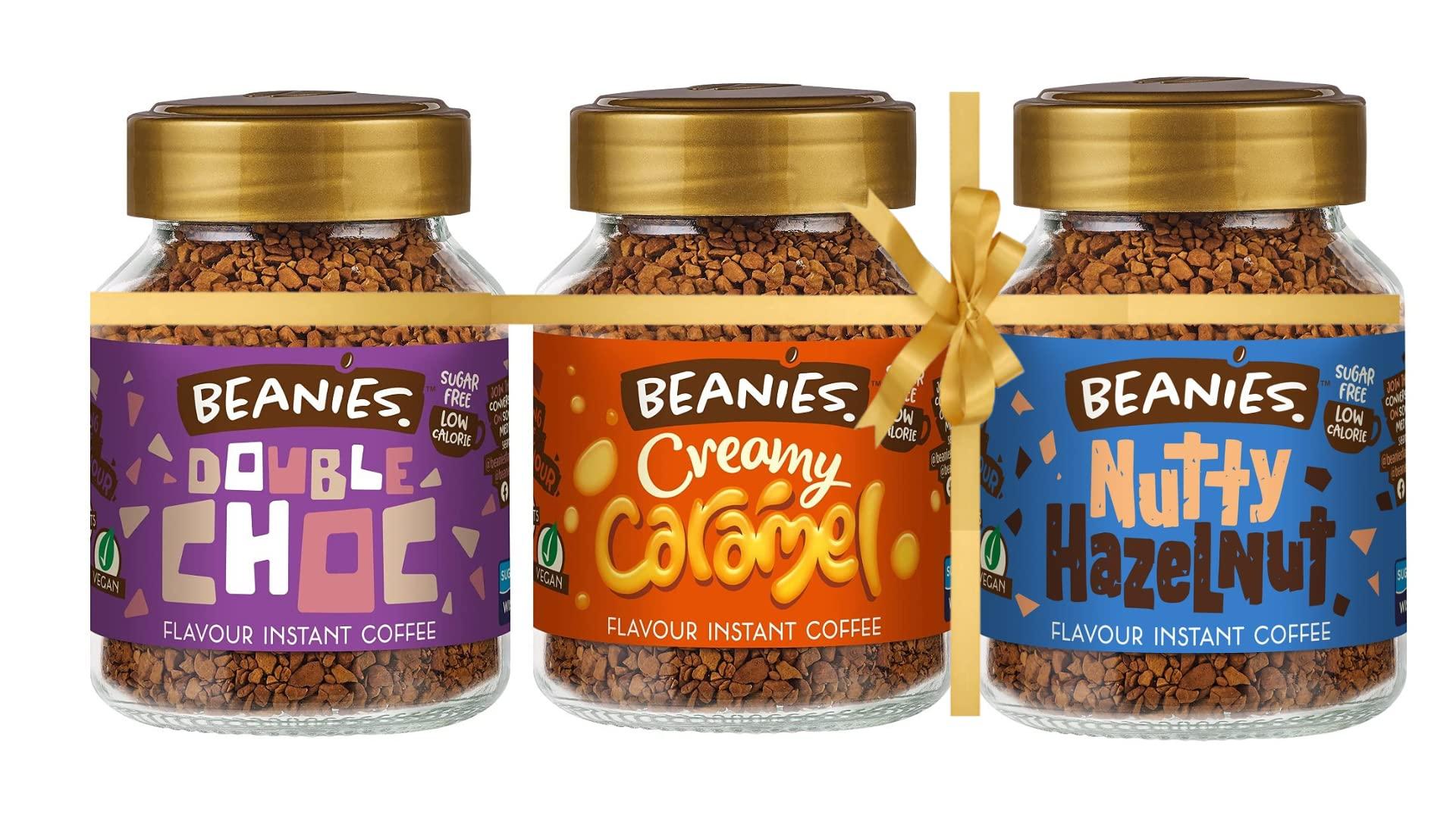Beanies The Flavour Co Beanies|Instant Flavoured Coffee |Double Chocolate 50g, Creamy Caramel 50g, Nutty Hazelnut 50g|Low Calorie, Sugar Free|Pack of 3