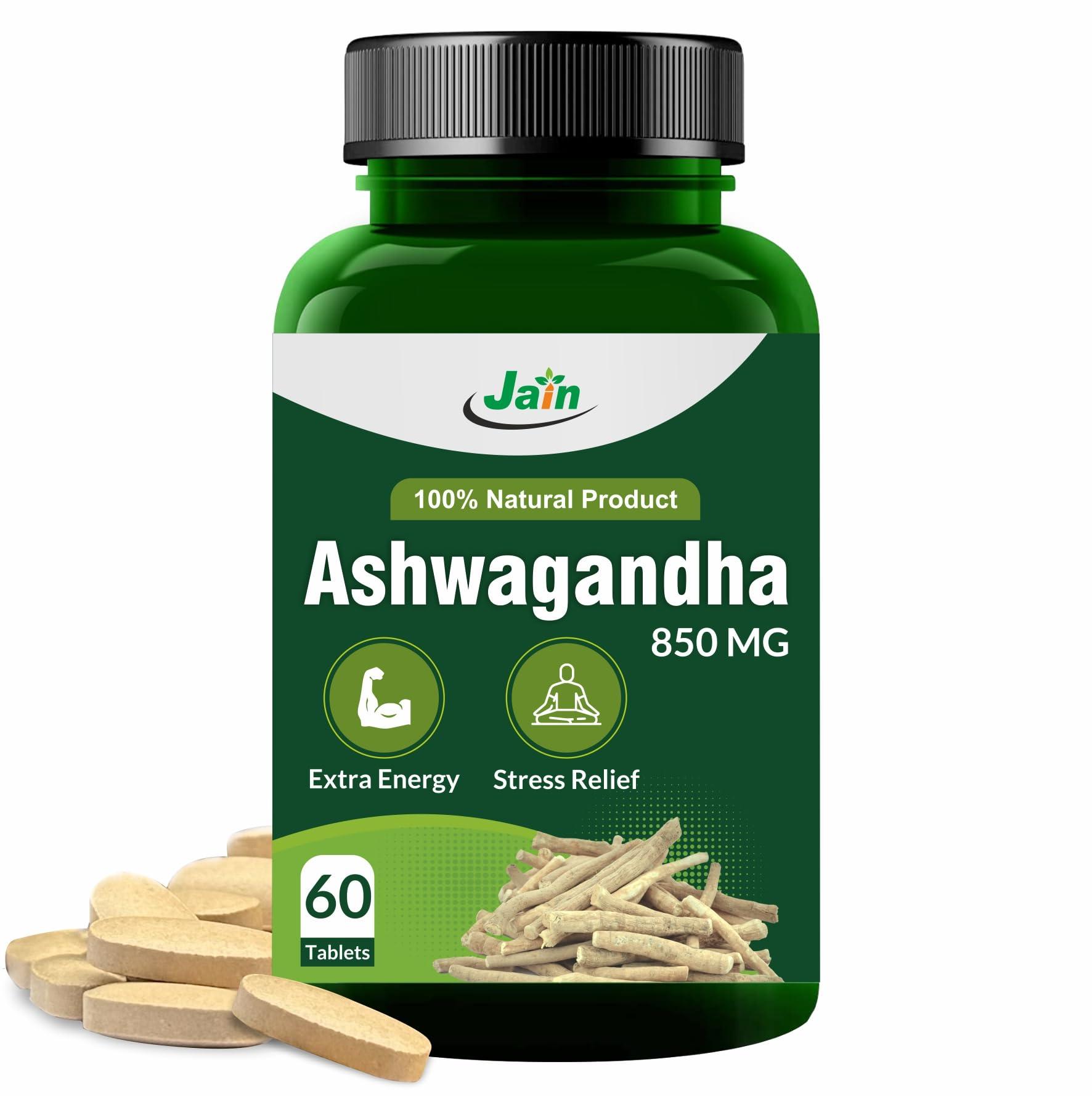 JAIN Jain Ashwagandha 850mg Tablets - Extra Energy, Stress Relief, 100% Natural, Improves Sleep, Reduces Blood Sugar |Restorative Benefits, 60\'s