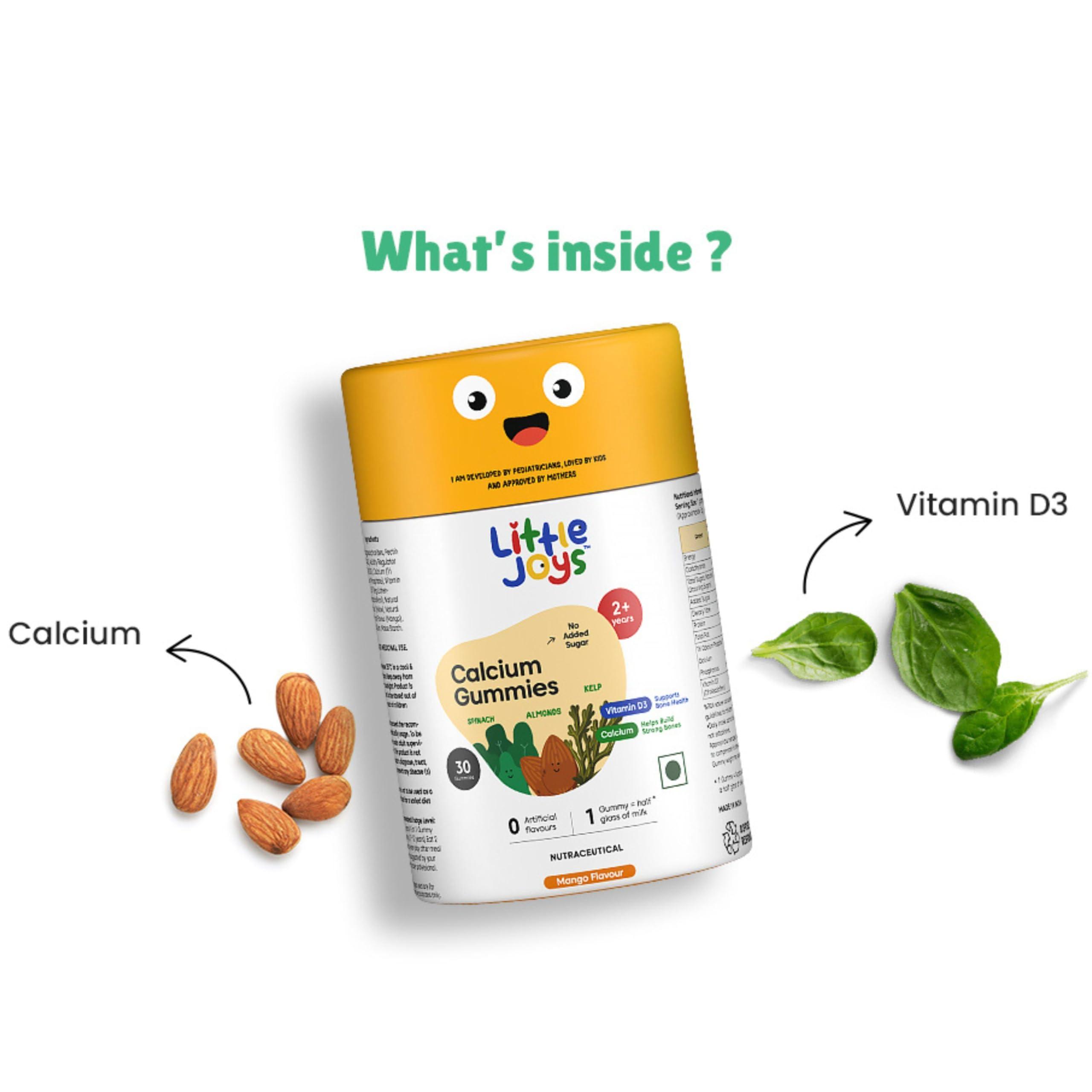Little Joys Little Joys Calcium Gummies for Kids (2+ years) With No Sugar Added | For Stronger Bones, Joints, Teeth & Immunity | Mango Flavour | 30 Gummies