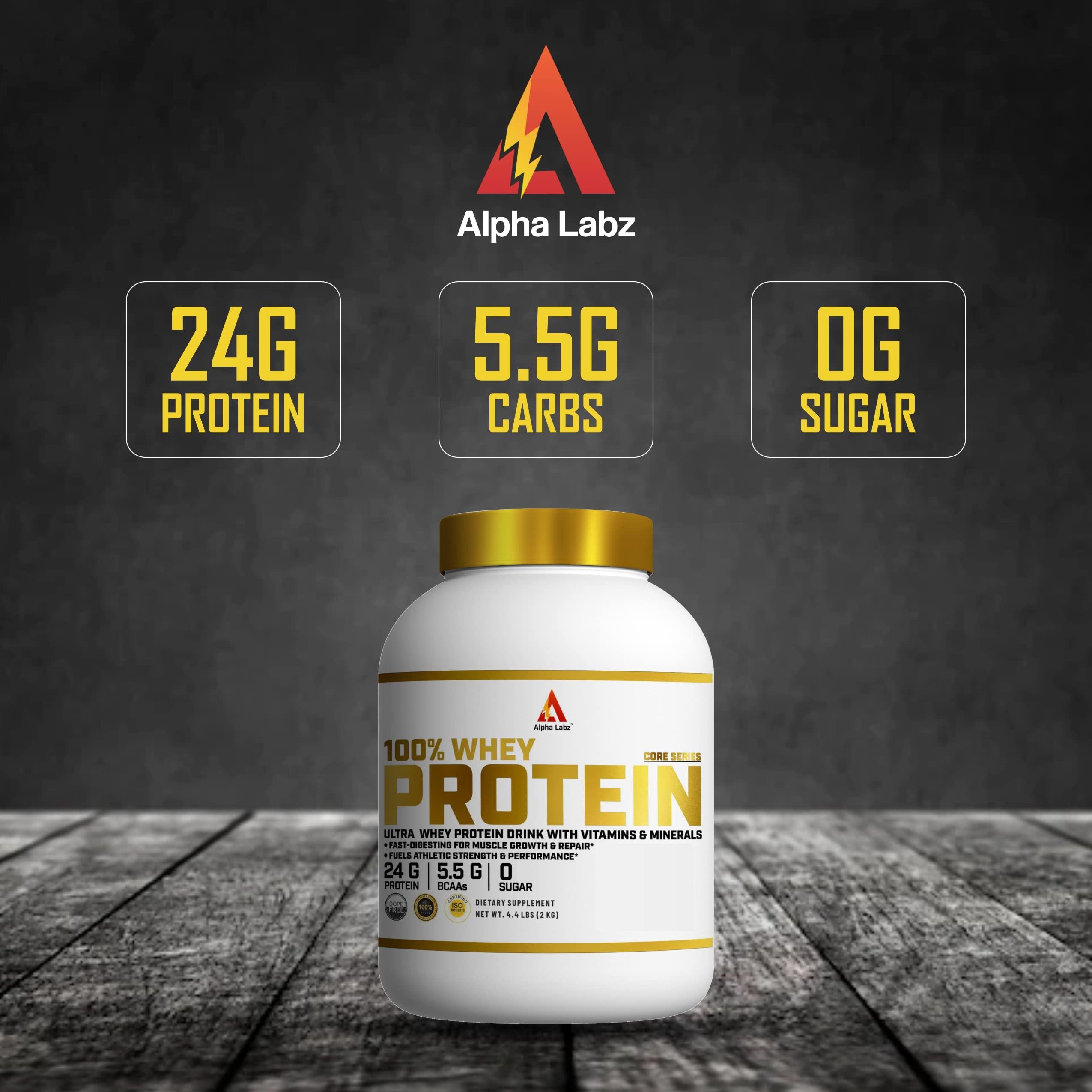 Alpha Labz Alpha Labz Whey Protein Supplement - 100% Whey Protein | Post Workout Whey Protein Isolate - 24g Protein, 5.5g BCAA, 2g Creatine for Fast Recovery & Lean Muscle| Mass Gainer Protein Powder | Protein Powder for Muscle Gain & Muscle Builder for Men and