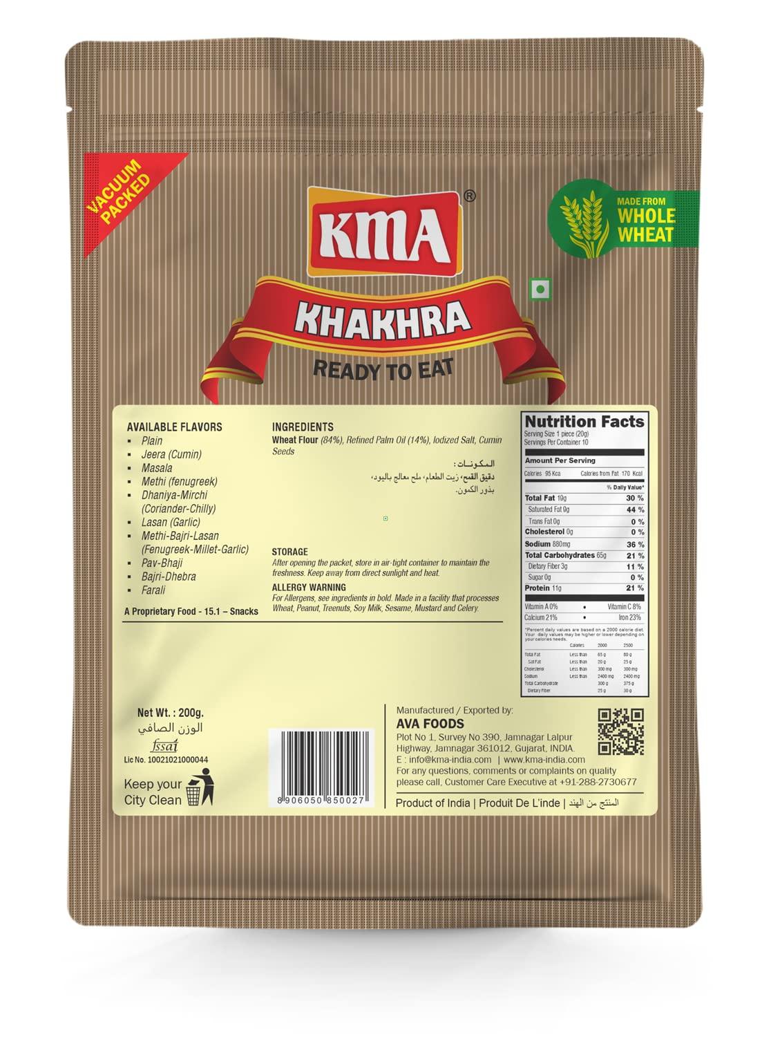 KMA KMA Gujarati Khakhra Combo 800g (4 packs * 200g each)  2 Jeera Khakhra , 2 Bajri Dhebra (Millets) Khakhra - Handmade Roasted Fresh Snacks , Ready to Eat Indian Whole Wheat Delight , Crispy & Nutritious with Authentic Taste , Healthy Diet , Low Calori
