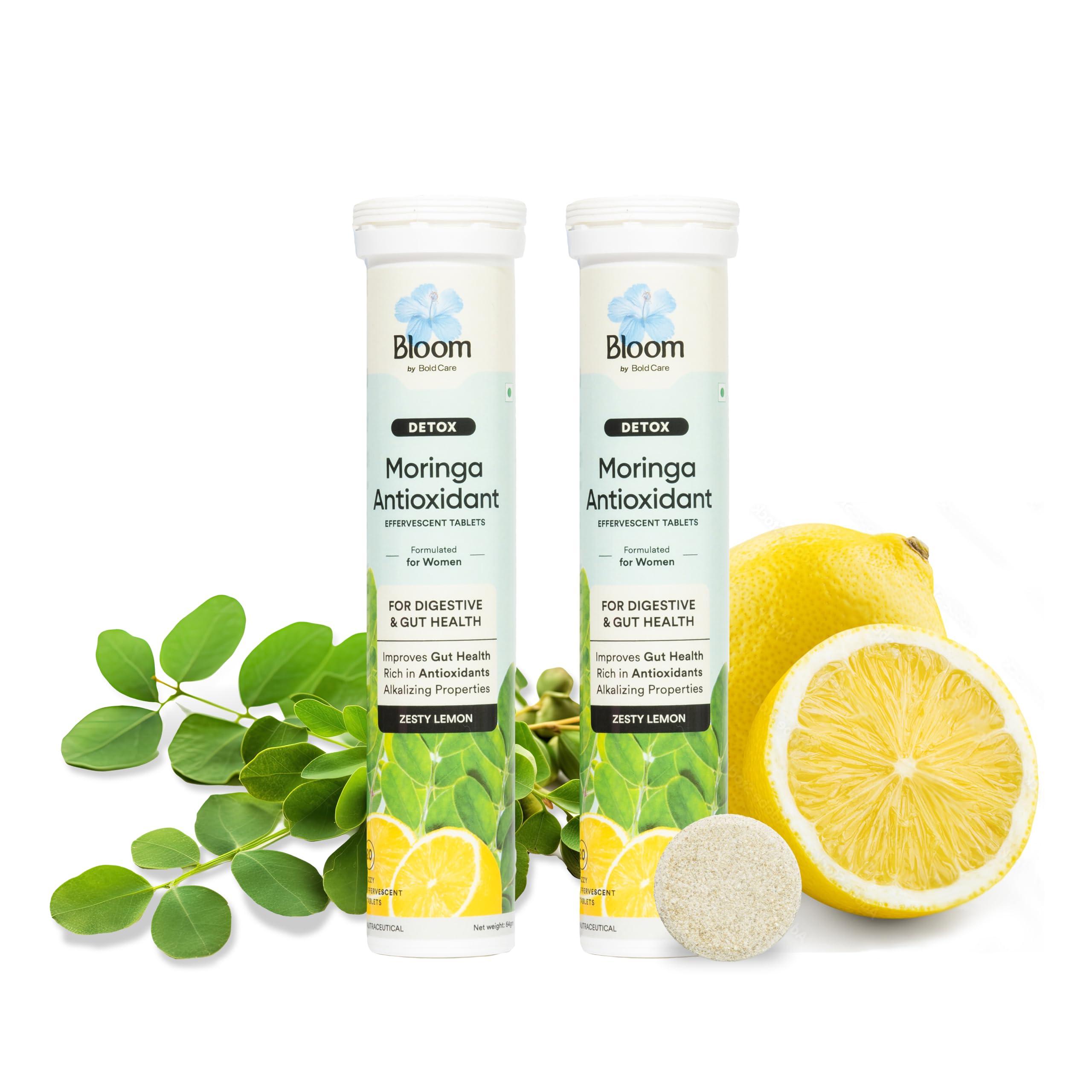 Bloom by Boldcare Bloom Moringa Antioxidant Effervescent Tablets | 20 Effervescent Tablets (Pack of 2) | Natural Liver Detox and Gut Health | Infused with Organic Moringa Leaf Powder | Lemon Flavour