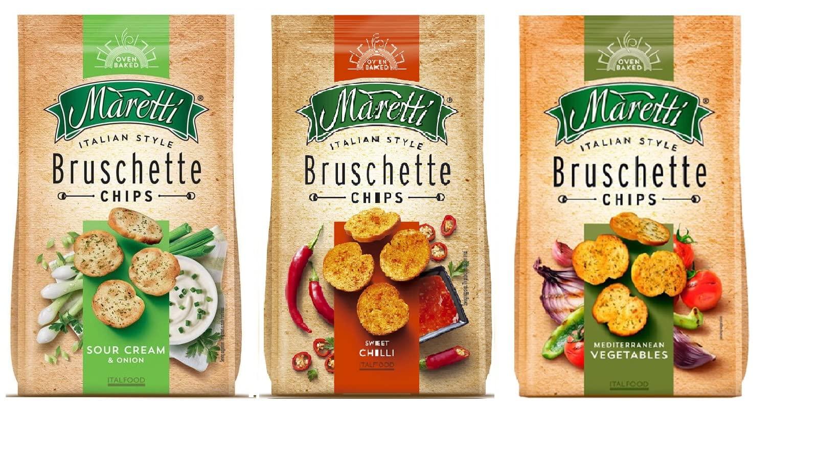 Maretti Bruschette Maretti Oven Baked Bruschette Chips Variety Pack Sweet Chilli, Mediterranean Vegetables, Sour Cream & Onion, Each 70g Pack Of 3