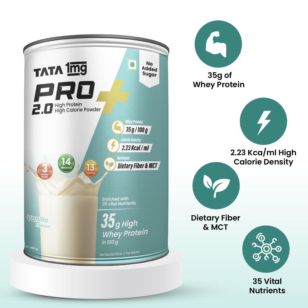 TATA 1MG Tata 1mg Pro+ 2.0 High Protein,High Calorie Whey Powder with MCT & Amino Acids for Energy, Muscle & Bone Strength,No Added Sugar,Vanilla Flavour,400gm