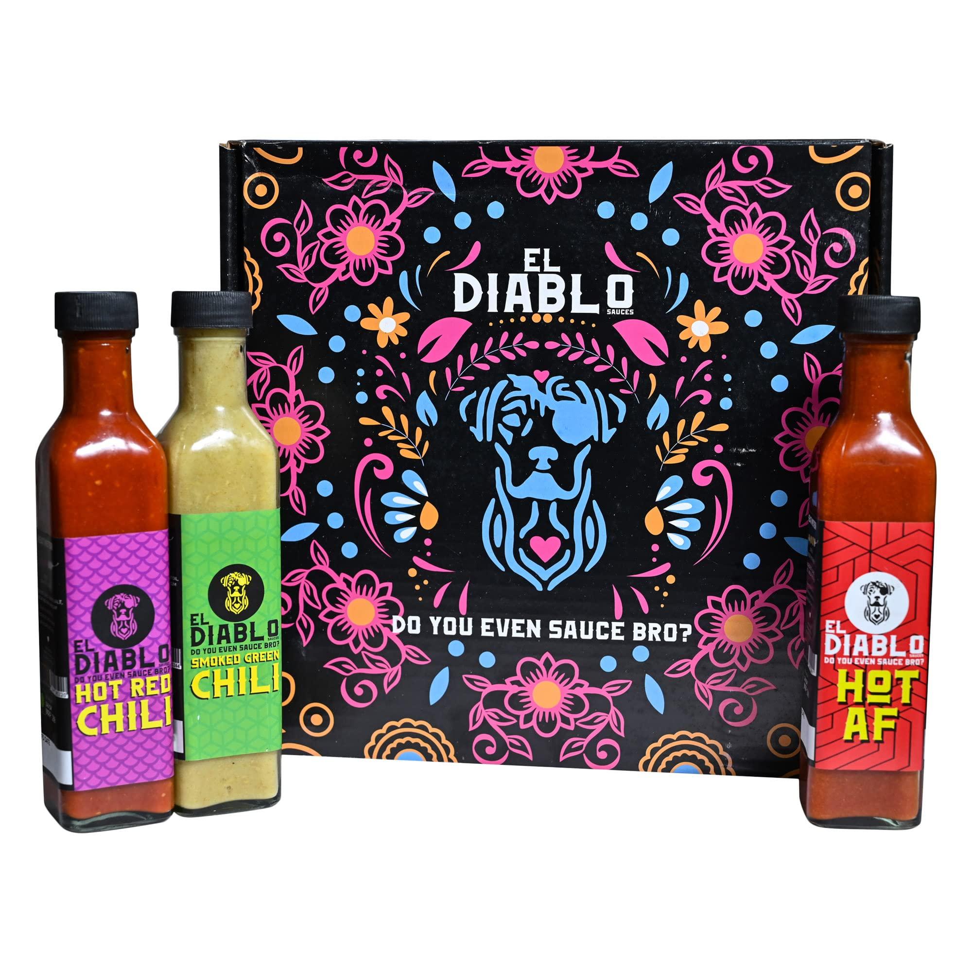El Diablo Sauces El Diablo All Natural Ingredient Gluten Free Hot Spicy Sauces Combo Hot AF + Hot Red Chili + Smoked Green Chili Pack of 3 – (240gm x 3)