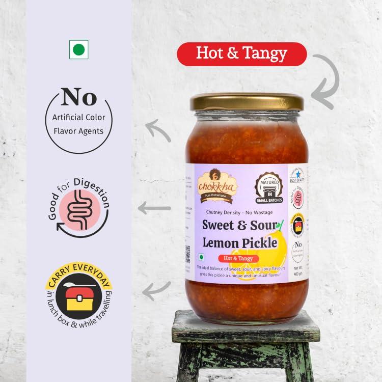 Chokkha Chokkha Traditional Homemeade Hing Mango & Sweet & Sour Lemon (Hing Aam, Khatta Meetha Nimbu) | No colour Added | Vegan | 100% Oil-Free | Combo of 2 | 400 Gm Each