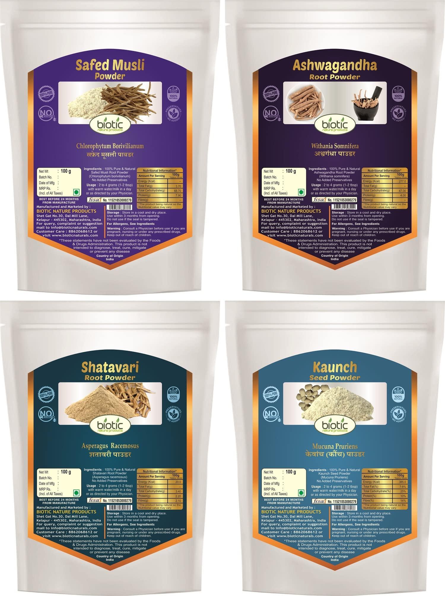 Biotic Biotic Natural Safed Musli, Ashwagandha, Shatavari and Kaunch Beej Powder - 400gms Combo (100gm each)
