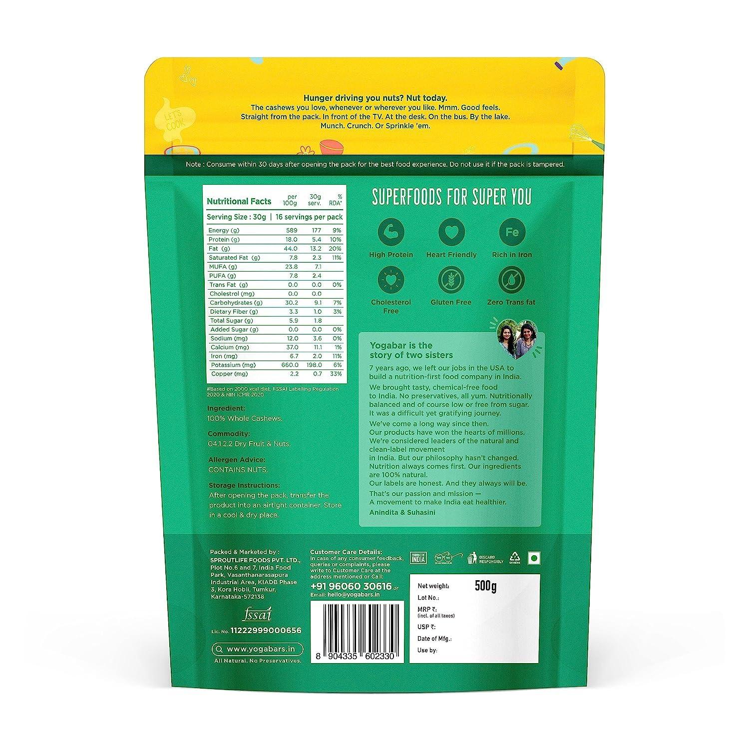 Yogabar YogaBar Premium Cashews 1kg | Whole 320 Kaaju| 100% Natural King Size Crunchy Kaju | Premium Nuts & Dry Fruits | Rich in Fibre, Vitamin E, K, B6 | Boost Immunity| Healthy Snacks | Dry Fruit Gift Pack