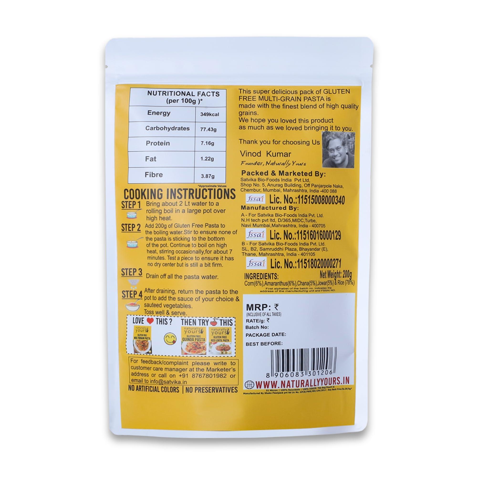 Naturally Yours Naturally Yours, Multigrain Pasta, Gluten Free, No Maida, Preservative Free, Vegan, 200g (Pack of 1)