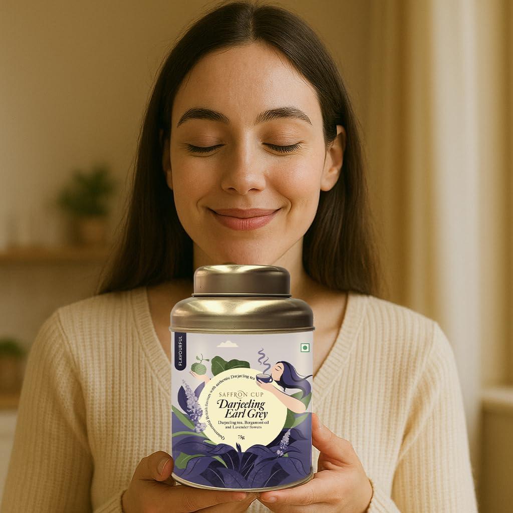 Saffron Cup Saffron Cup Darjeeling Earl Grey Black Tea | Loose Tea Leaves 100 gm | Strong Darjeeling Tea Blended with Bergamot Flavour and Lavender Flowers | Boosts Energy & Metabolism, Improves Immunity | 100% Natural Teas