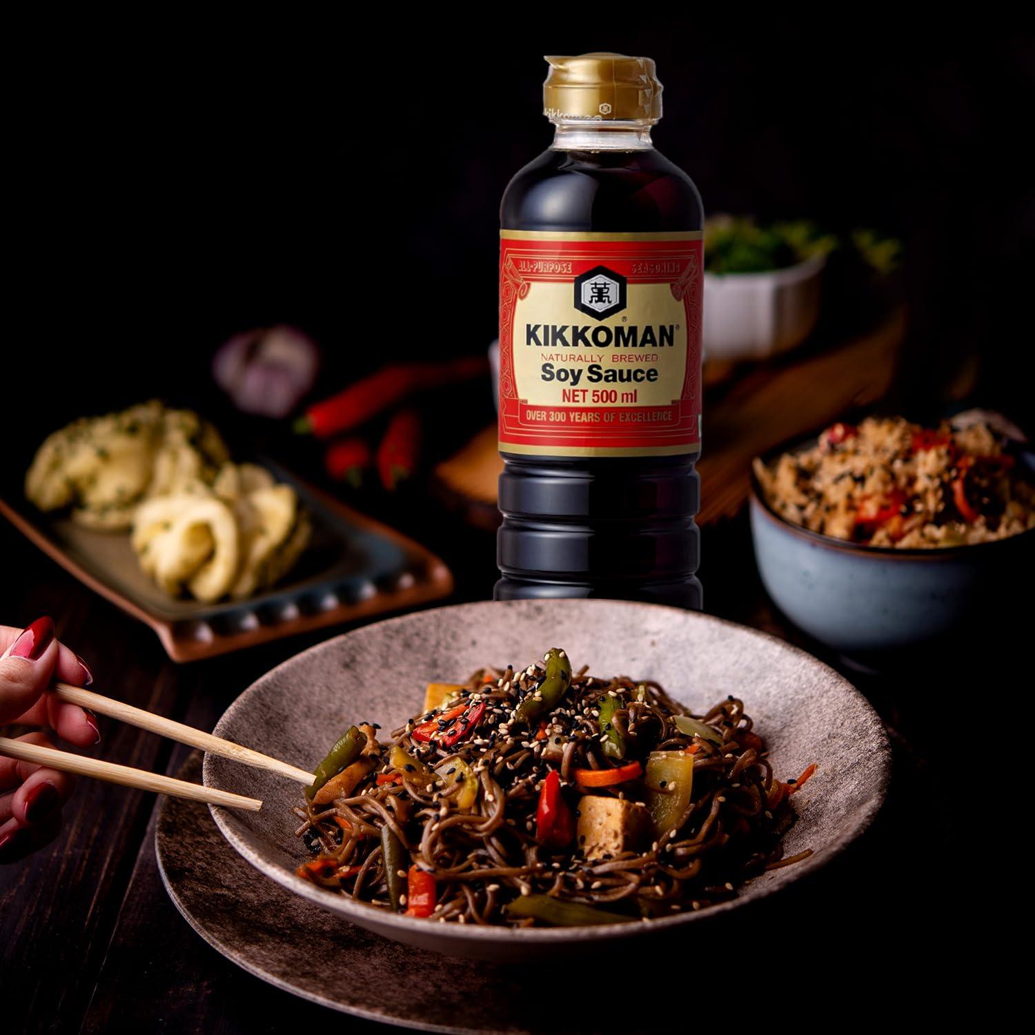 Kikkoman Kikkoman Naturally Brewed Soy Sauce - 500ml | Made in Japan, All Purpose Seasoning - 4 ingredients- Soy Beans, Salt, Water, Wheat | Vegetarian, No Added Colour or Preservatives