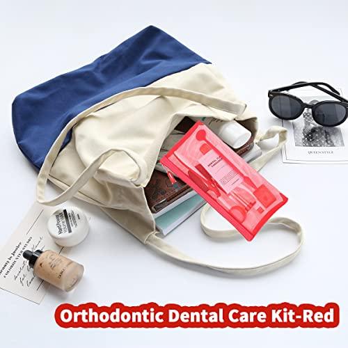 Ceonam Braces Cleaning Kit for Teeth , Portable Orthodontic Toothbrush Kit Oral Care Dental Travel Kit - Interdental Brush Dental Wax Dental Floss Toothbrush Box (Red)
