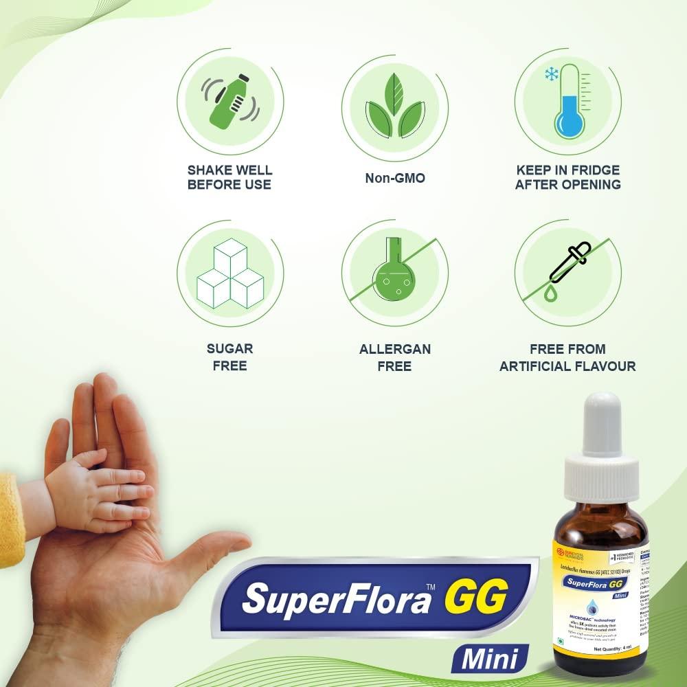 Sundyota Lifecare Sundyota's Superflora GG Probiotic Supplement MINI Drops | Specially designed for baby for diarrhoea in kids and badies | 5x superior efficacy | Flavor-less lactobacillus probiotic | 4ml Mini Pack