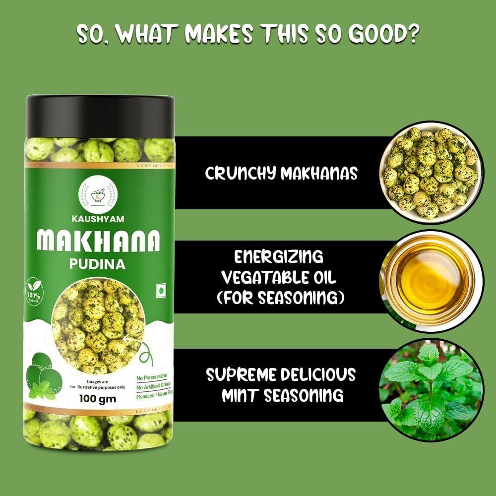 Kaushyam Kaushyam Makhana Roasted Flavoured | Makhana Fox Nut Tasty Crunchy & Healthy Snacks 100 Gm (Pudina Punch)
