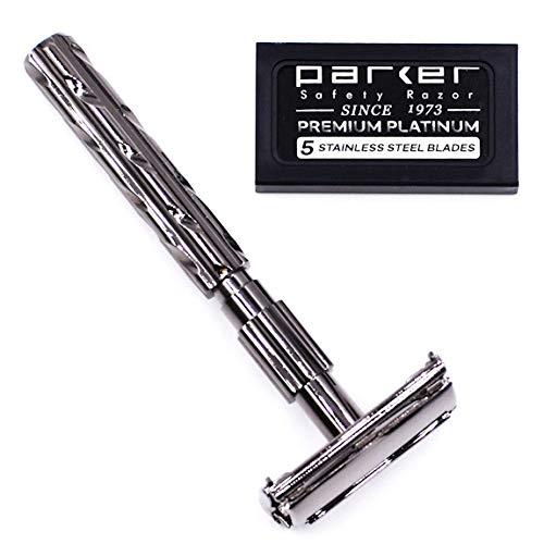 PARKER Safety Razor PARKER Safety Razor 22R - Gunmetal Finish Butterfly Open Safety Razor And 5 Parker Razor Blades Metallic