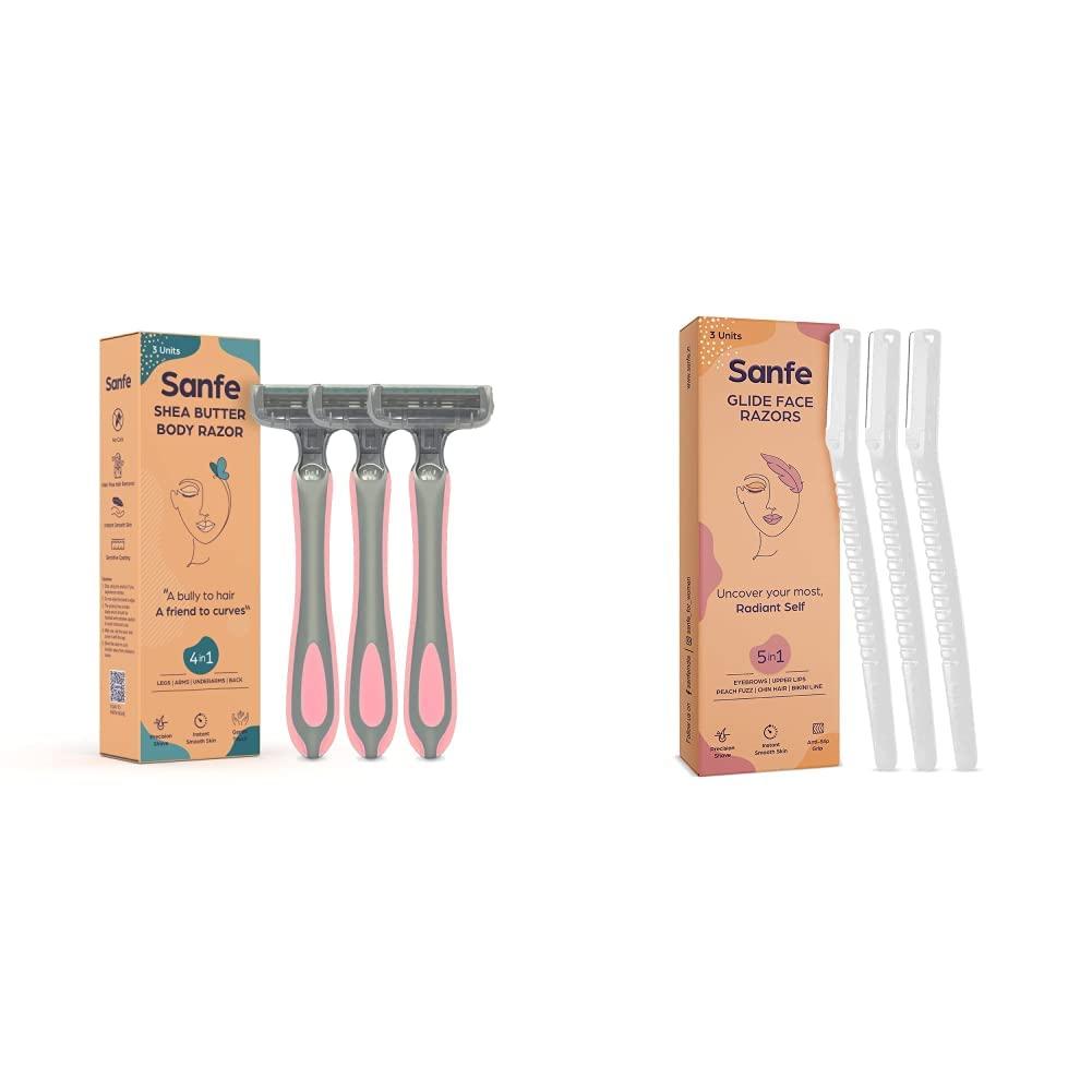 Sanfe Sanfe Shea Butter Body Razor, 50 g, Pack of 3 & Sanfe Glide Reusable Face & Eyebrow Razor For Women - 3 pcs