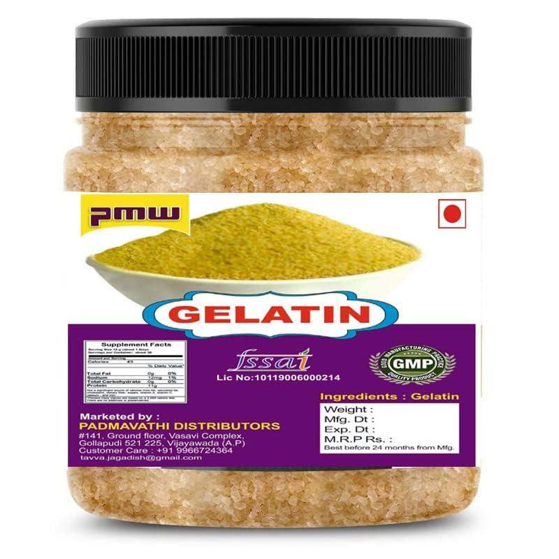 pmw Pmw - Jar Pack - Gelatin - Gelatine Powder - Fine Crystals - Unflavoured 100% Pure Edible - 250 G - Loose Packed - For Knee Pains - Glucosamine - Skin Care