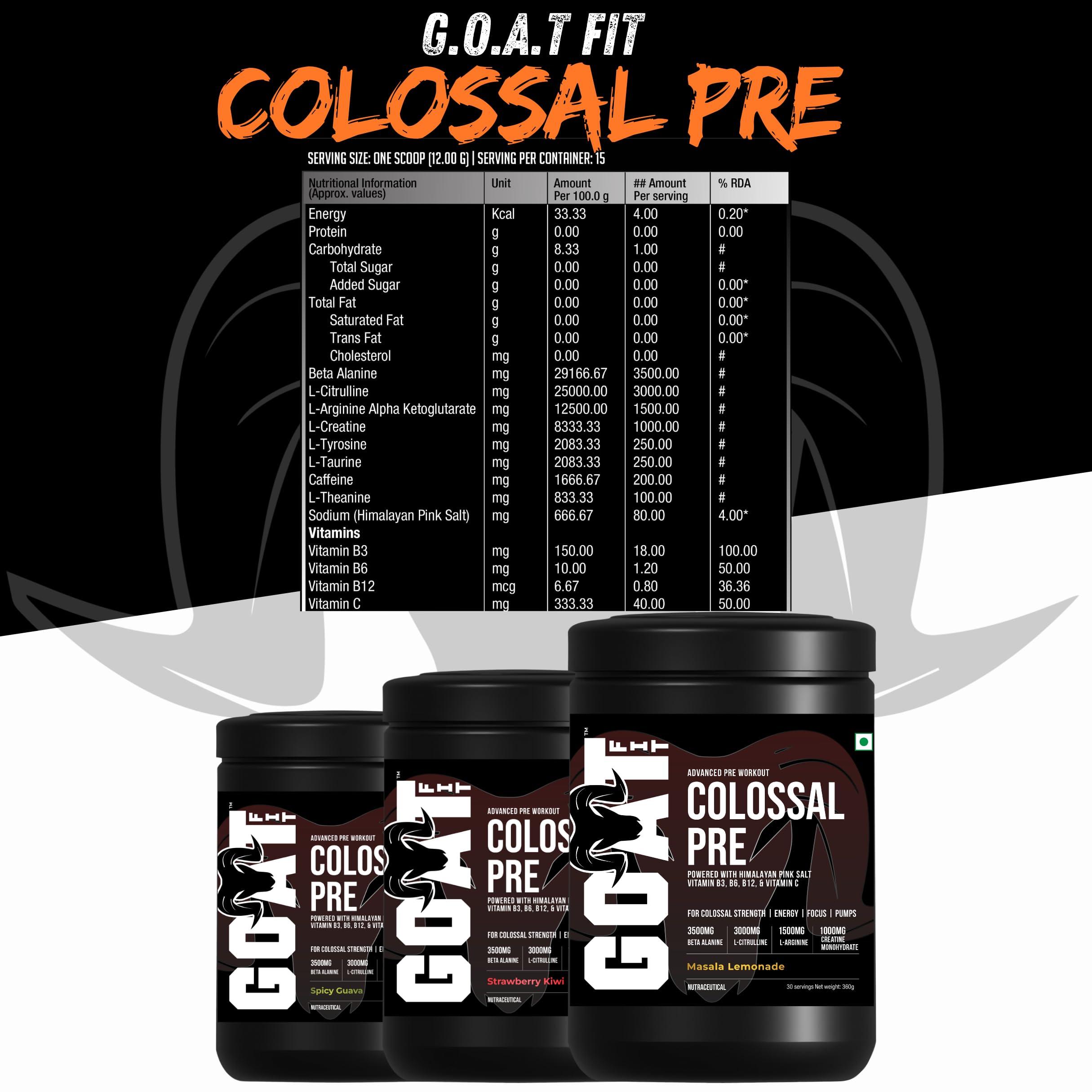 G.O.A.T Fit G.O.A.T Fit Colossal Pre | PreWorkout Powder (Strawberry Kiwi, 12gm - Single Serving) 200mg Caffeine 3.5g Beta-Alanine 3g Citrulline 1.5g Arginine 1g Creatine with Himalayan Pink Salt