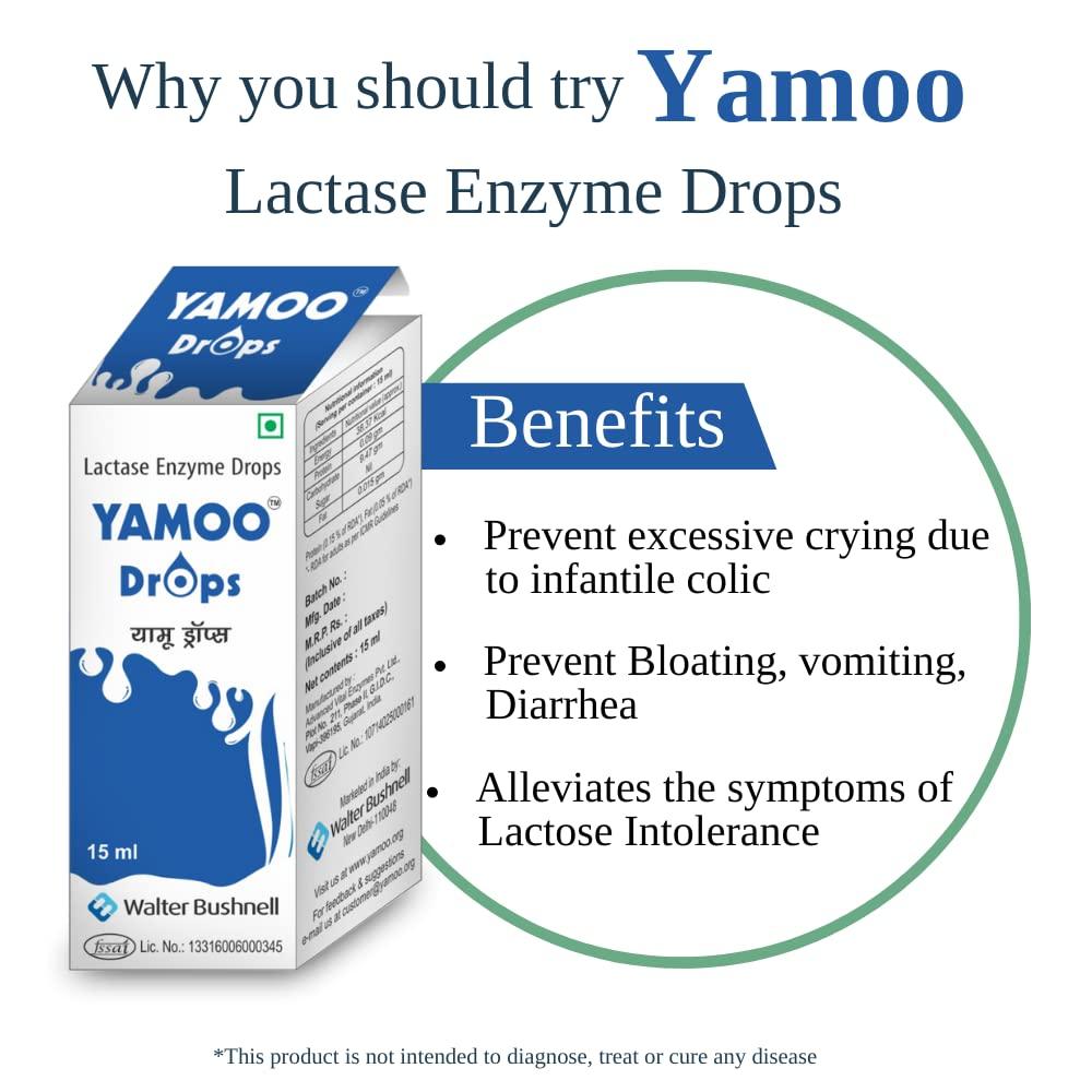 Yamoo Yamoo drops, Lactase enzyme drops, Prevent infant colic, alleviates gas, bloating, abdominal pain, dietary supplement, 600 FCC units, drops,suitable for both adults and infants,15 ml