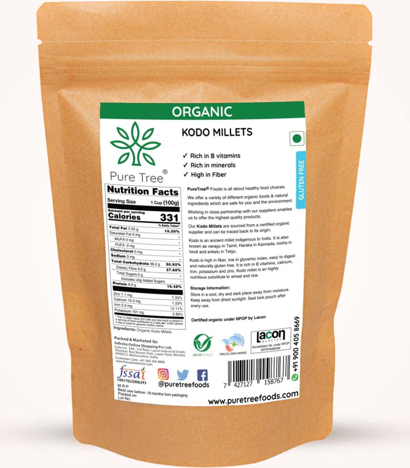 Pure Tree Pure Tree Certified Organic Kodo Millet | 900 g | Kodo Millet Arikelu Organic Millets | Cow Grass Gluten-Free Kodra Millet | Millet Rice Unpolished Millets For Upma, Dosa