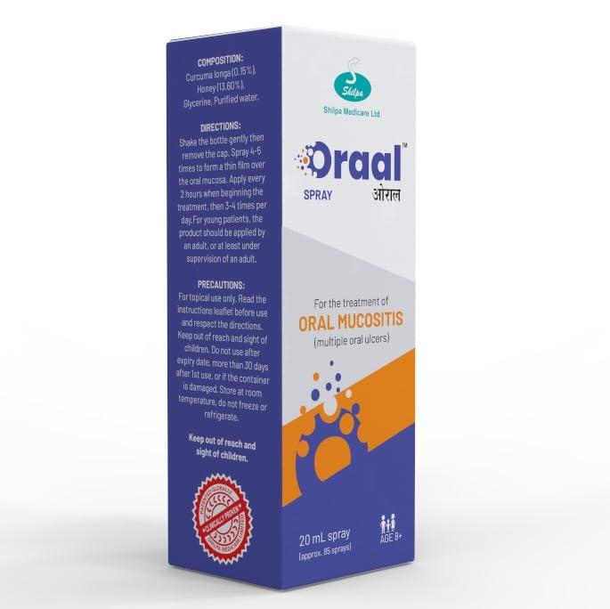ORAAL ORAAL SPRAY 20ml mouth spray| Mouth Ulcers|Oral Mucositis |Mouth Sores| 100% relief |No Colors| No Alcohol| Suitable for all ages above 8Yrs| 20ml | Pocket friendly Pack| 100% Natural & Patented