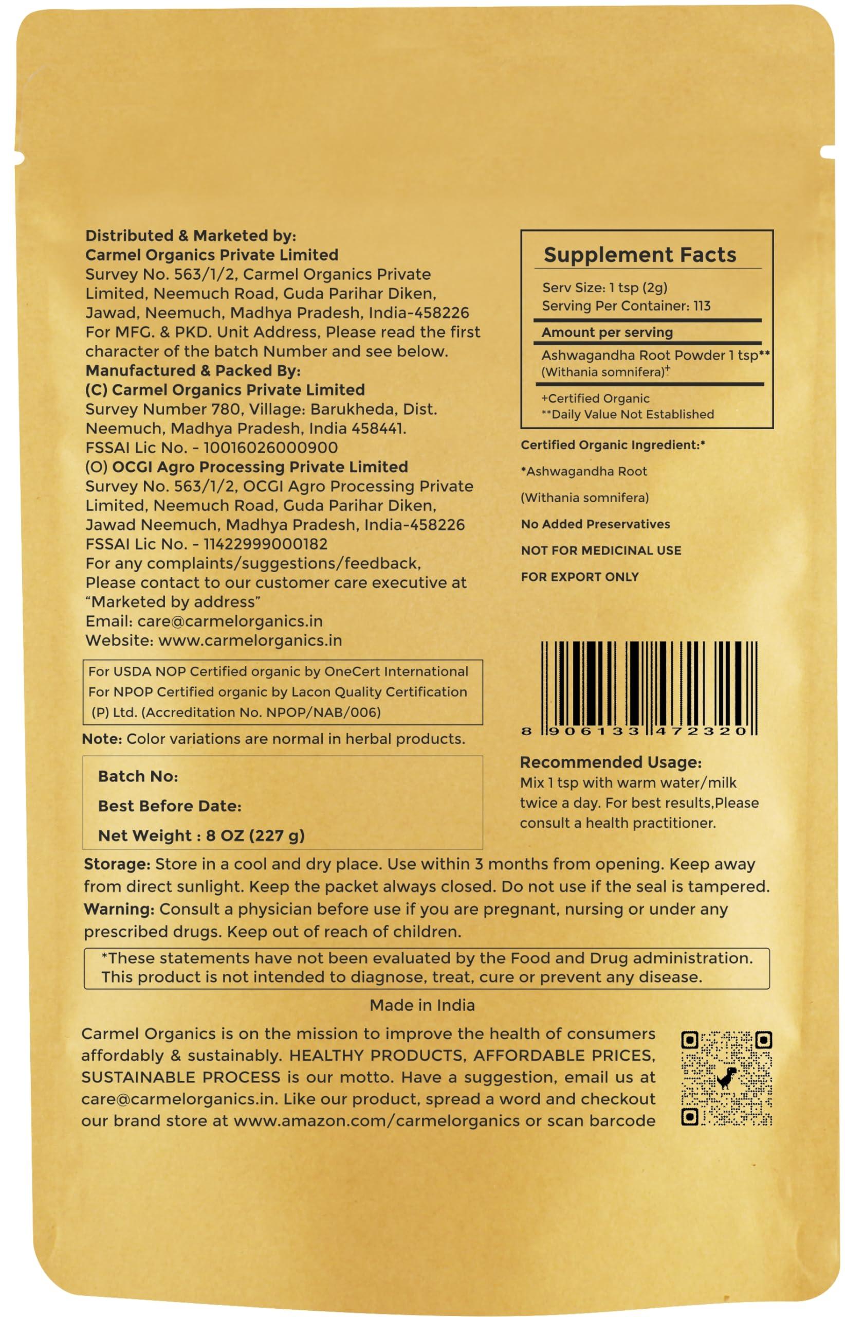 CARMEL ORGANICS CARMEL ORGANICS Ashwagandha Root Powder (227 Grams)|Jaivik Bharat Certified|Pure|Natural|Helps Fight Anxiety & Stress|Ashwagandha Podi/Amukkara Kizhangu/Asvagandha Churna