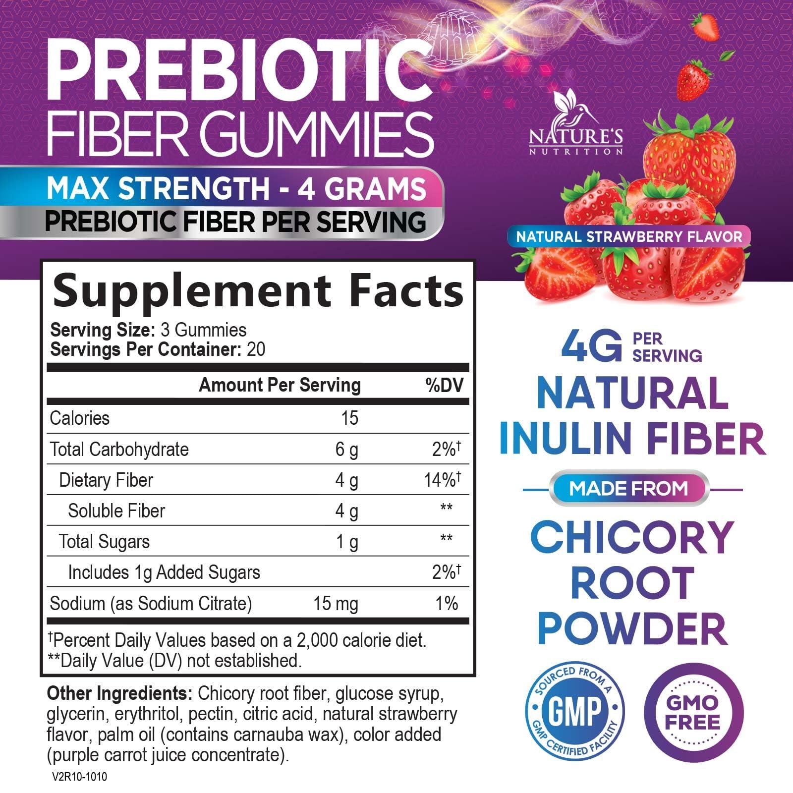 Nature\'s Nutrition Fiber Gummies for Adults Extra Strength Inulin Gummy 300mg - Natural Dietary Fiber Supplement for Natural Digestion Support - 60 Gummies