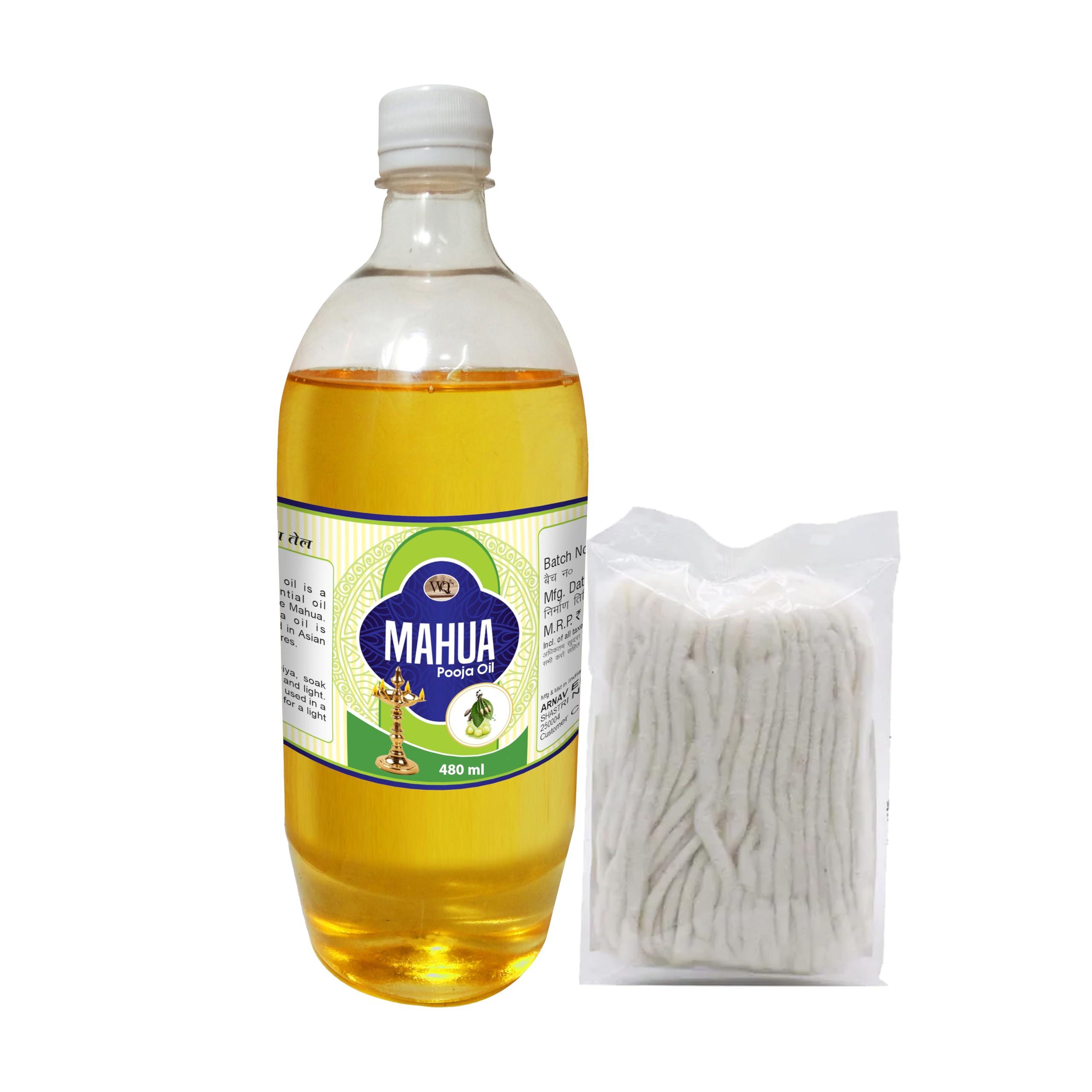 WQT WQT - Mahua Pooja Oil With Diya Batti 480 ML For Hindu Ritual Ceremony, God Worship (Special Pooja Oil), Grahpravesh, Hindu Festival, Religious Pooja Oil 480 ML