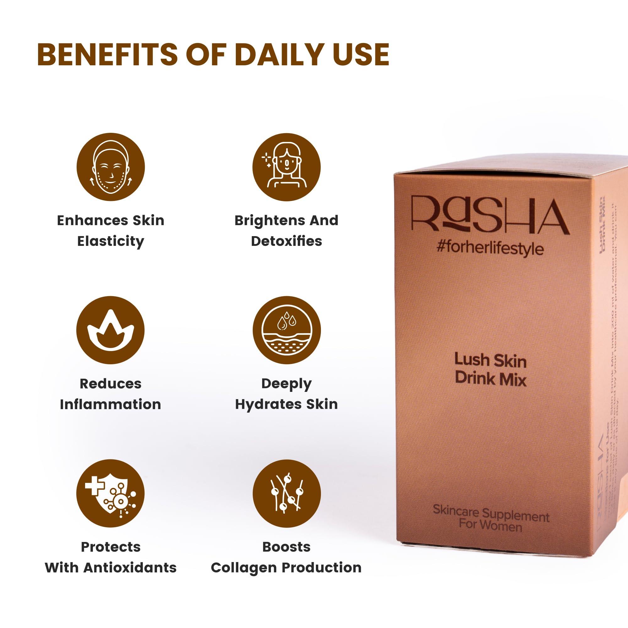 Rasha Rasha Lush Skin Drink Mix, Skincare Women-Collagen, Hyaluronic Acid, Matcha And Grape Seed Extract To Wrinkles, Dark Spots & Uneven Skin Tone, Collagen Supplement Youthful Skin 20 Sachets