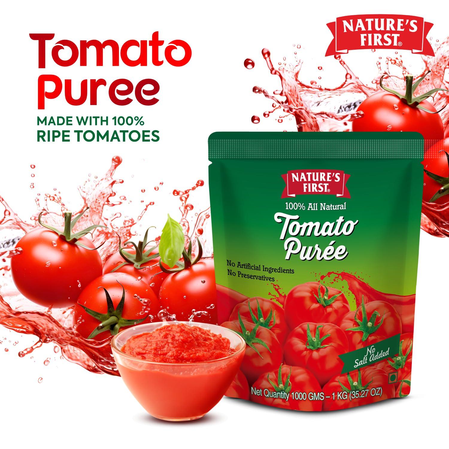 NATURE'S FIRST Nature\'s First Tomato Puree 1 Kg (Pack of 4), Fresh, Thick & Natural Tomato Paste for Cooking, Add Rich Flavour in Dishes, No Added Salt, No Preservatives, Sweet and Pure, Vegetarian
